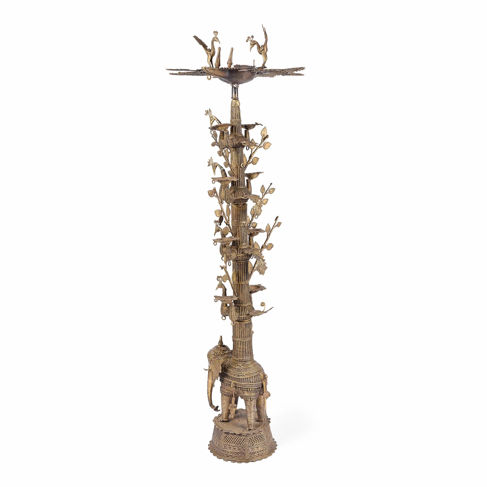 Brass Dhokra Tree Of Life Oil Lamp From Chhattisgarh - Ca 1900 - Image 6
