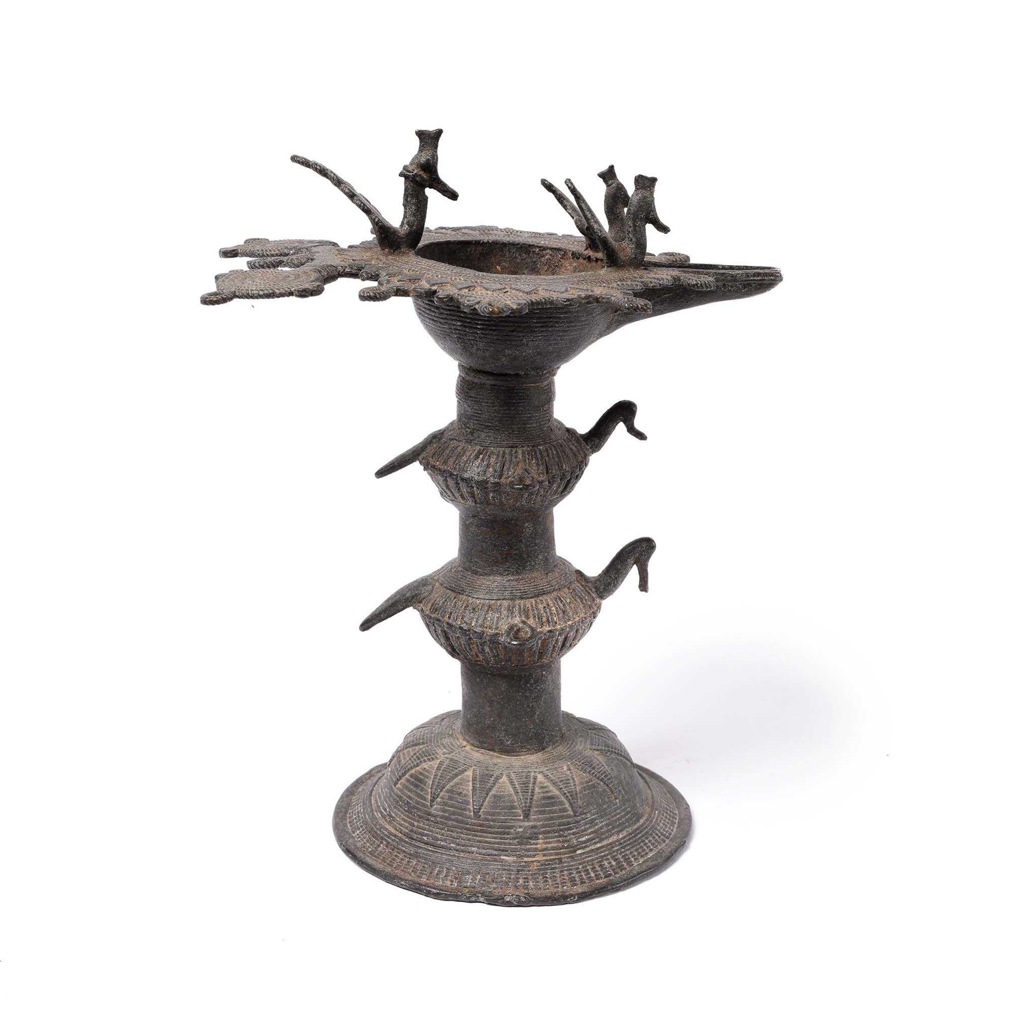 Brass Dhokra Work Oil Lamp From Chhattisgarh- 19thC