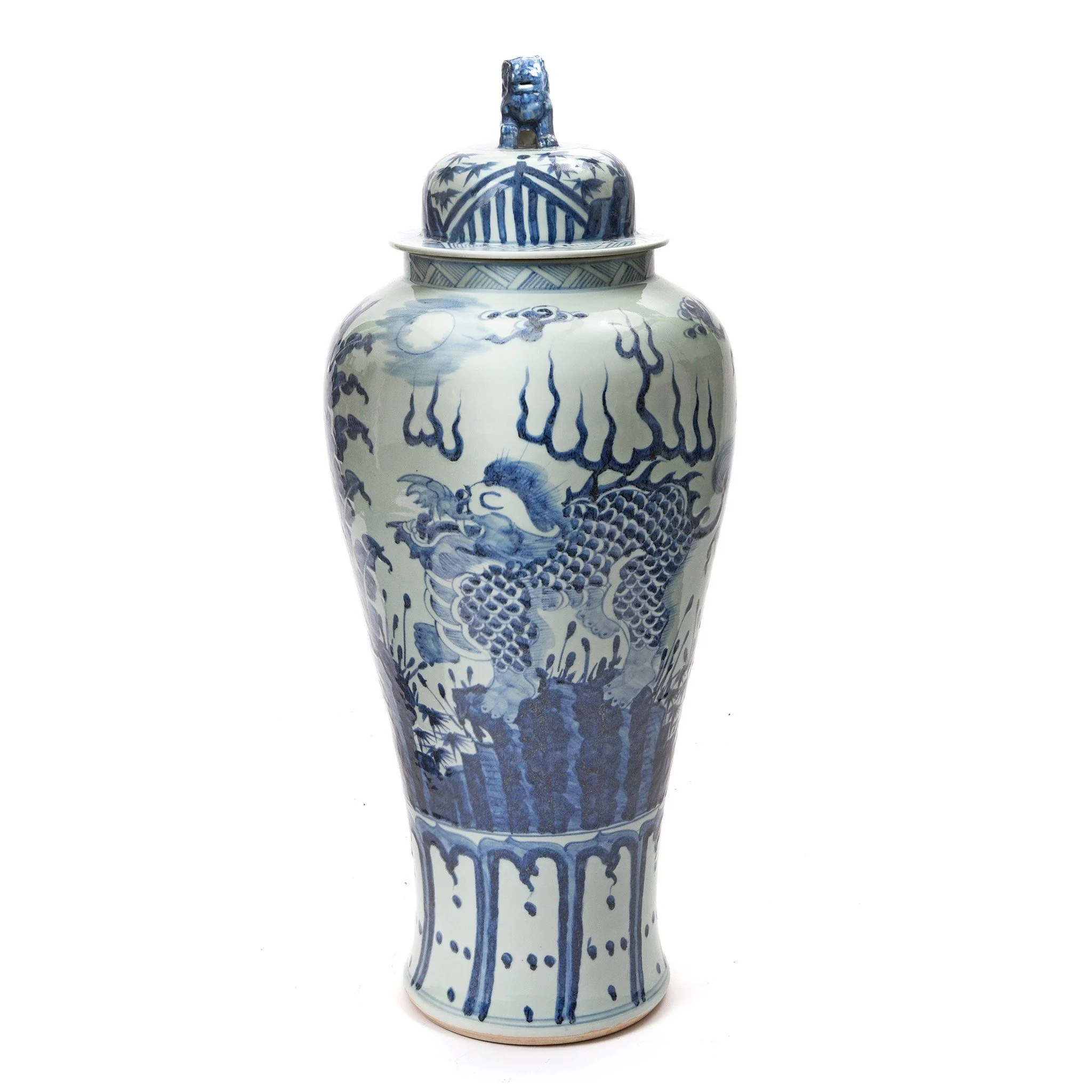 Blue & White Porcelain Tall Temple Jar & Cover - Qilin - Image 2
