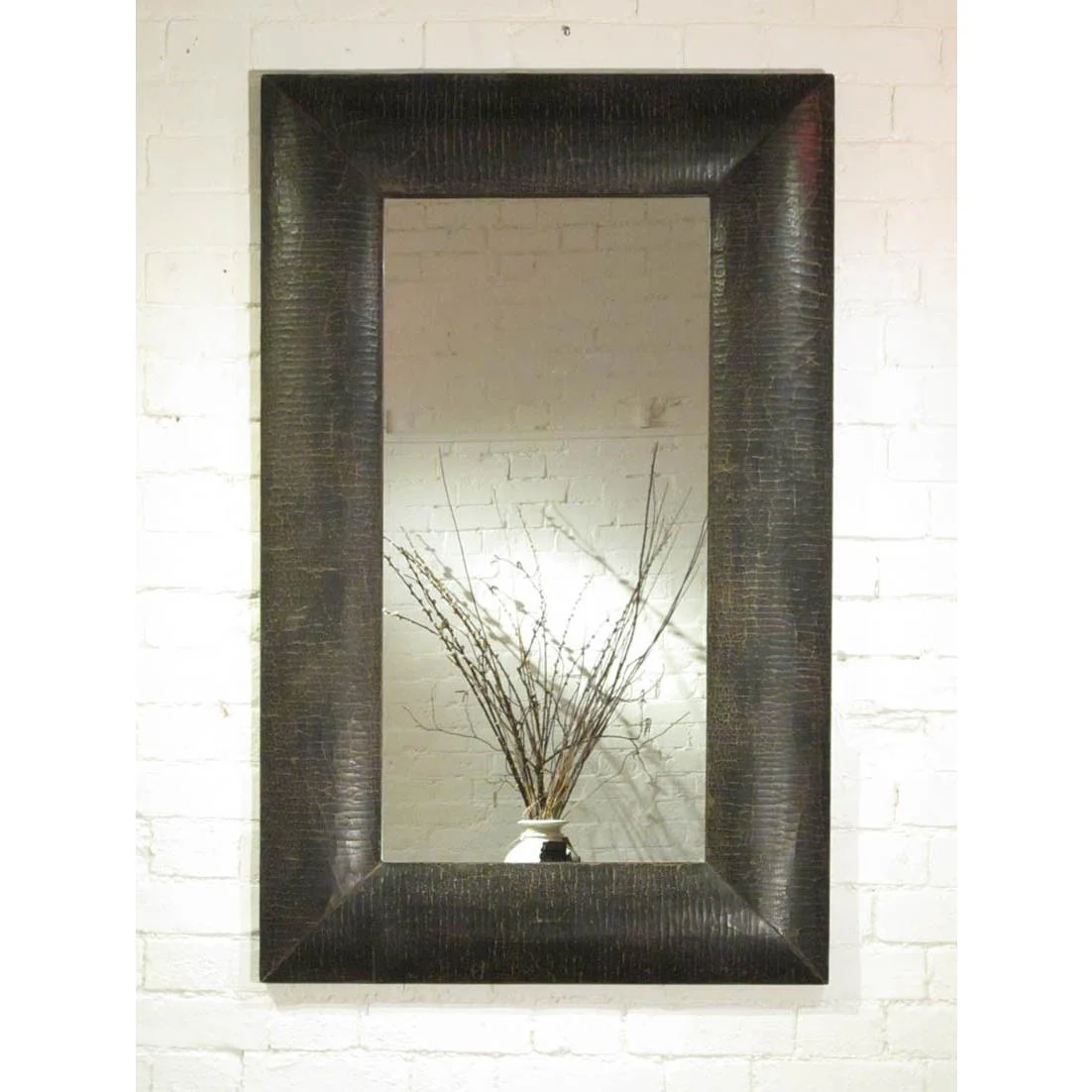 Reproduction Black Lacquer Crackle Leather Covered Mirror - Image 2