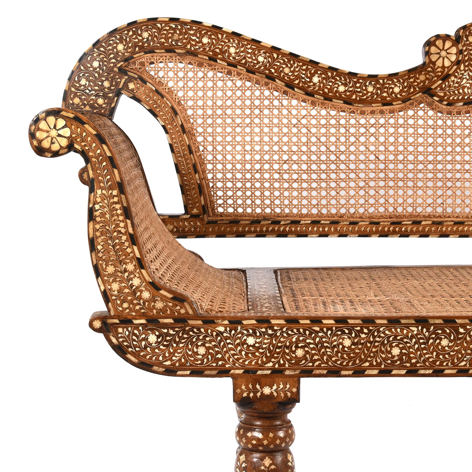 Anglo Indian Bone Inlaid Caned Teak Sofa - Early 20th Century - Image 2