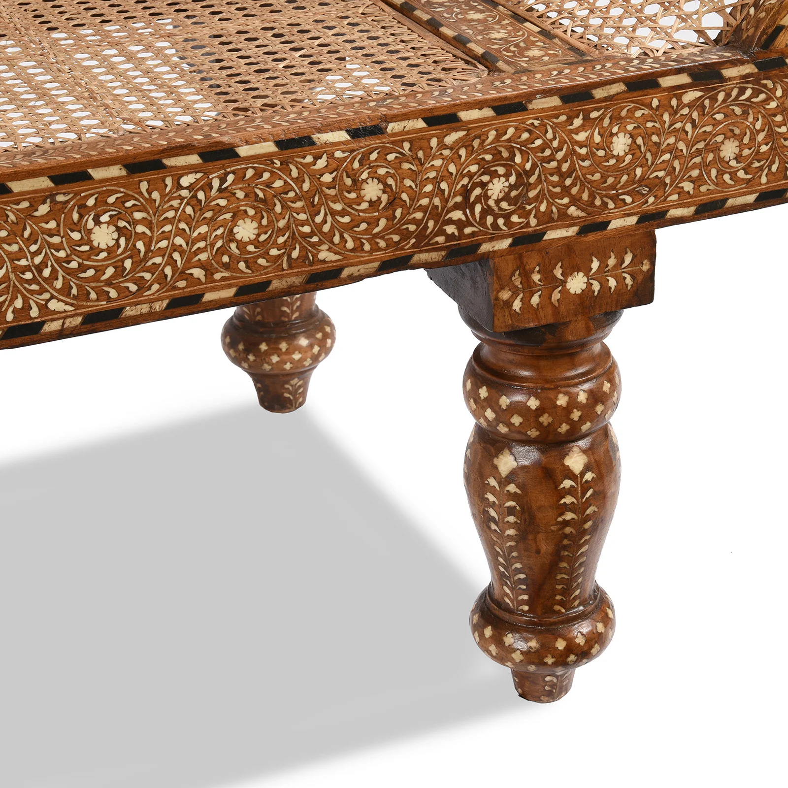 Anglo Indian Bone Inlaid Caned Teak Sofa - Early 20th Century - Image 7