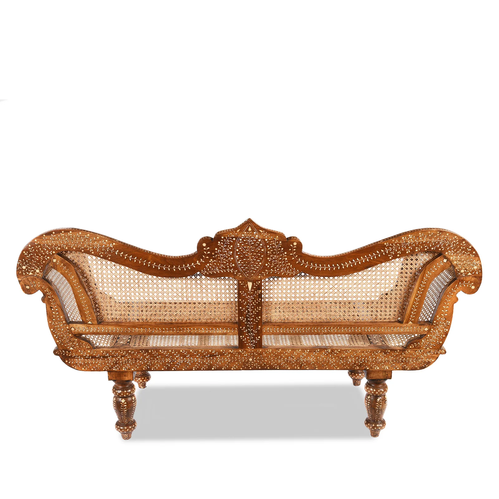 Anglo Indian Bone Inlaid Caned Teak Sofa - Early 20th Century - Image 8