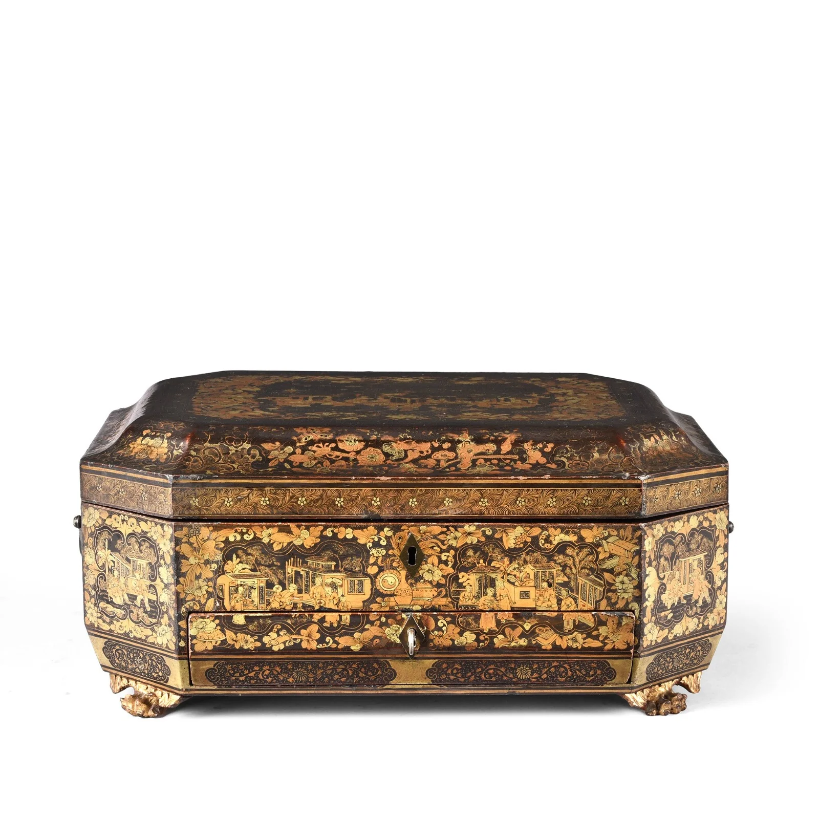 Canton Export Black Lacquer Sewing Box - Ca 1830's - Image 11