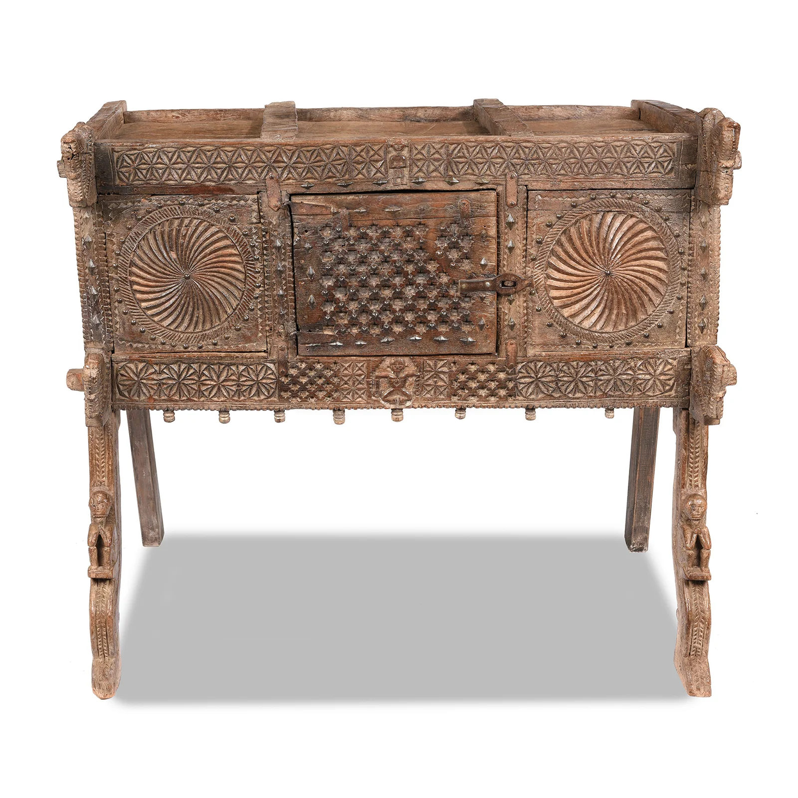 Carved Teak Majus Dowry Chest From Saurashtra - 19thC