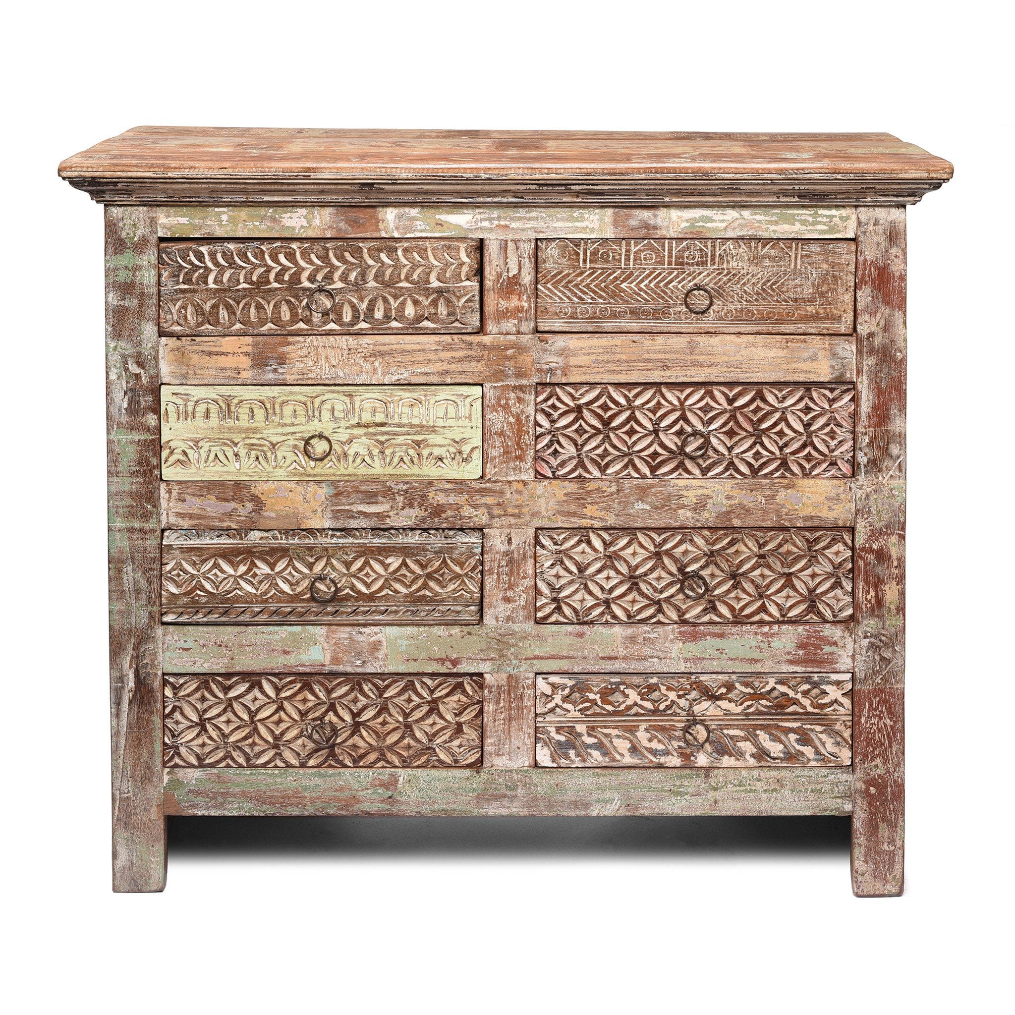 Carved Chest Of 8 Drawers Made From Reclaimed Teak