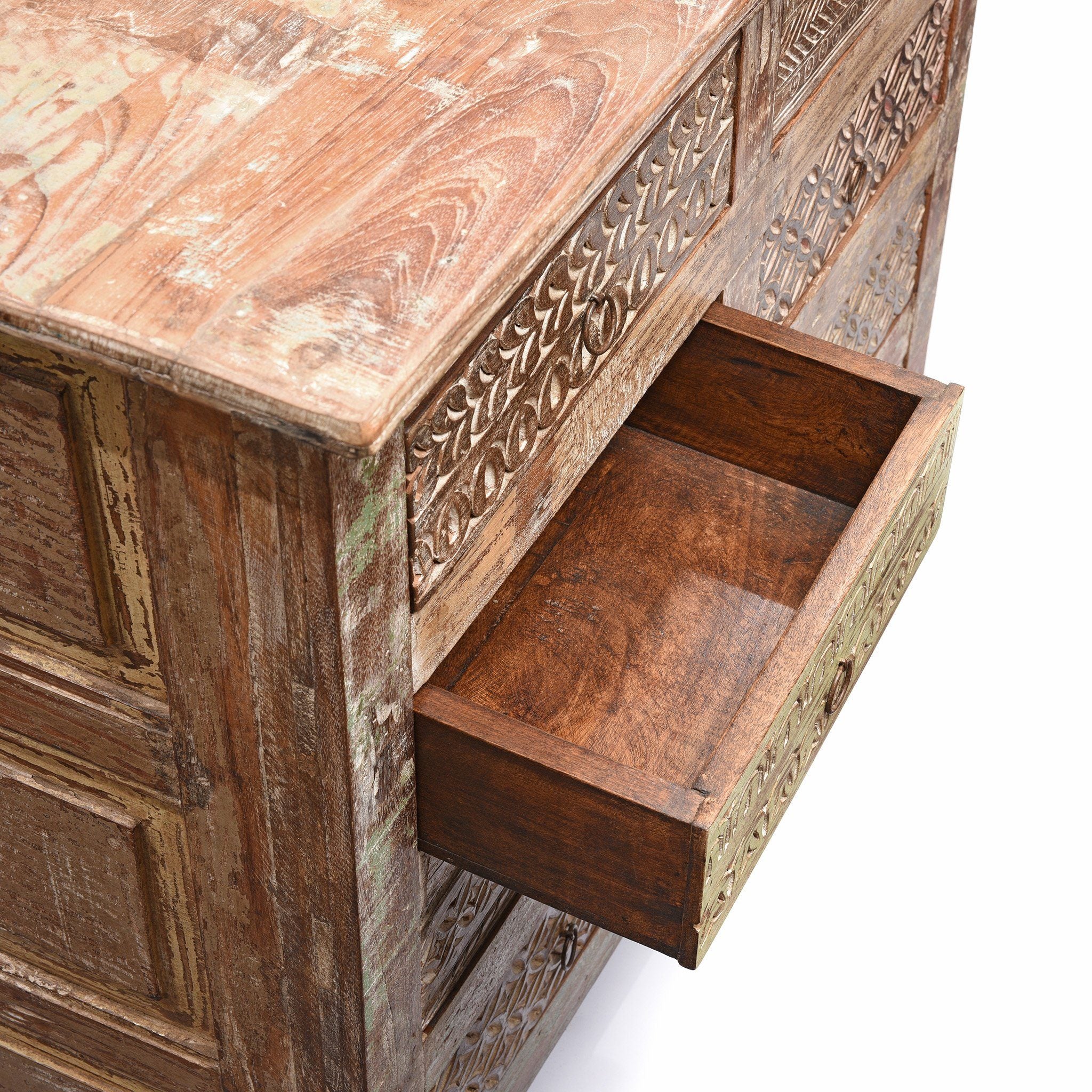 Carved Chest Of 8 Drawers Made From Reclaimed Teak - Image 6