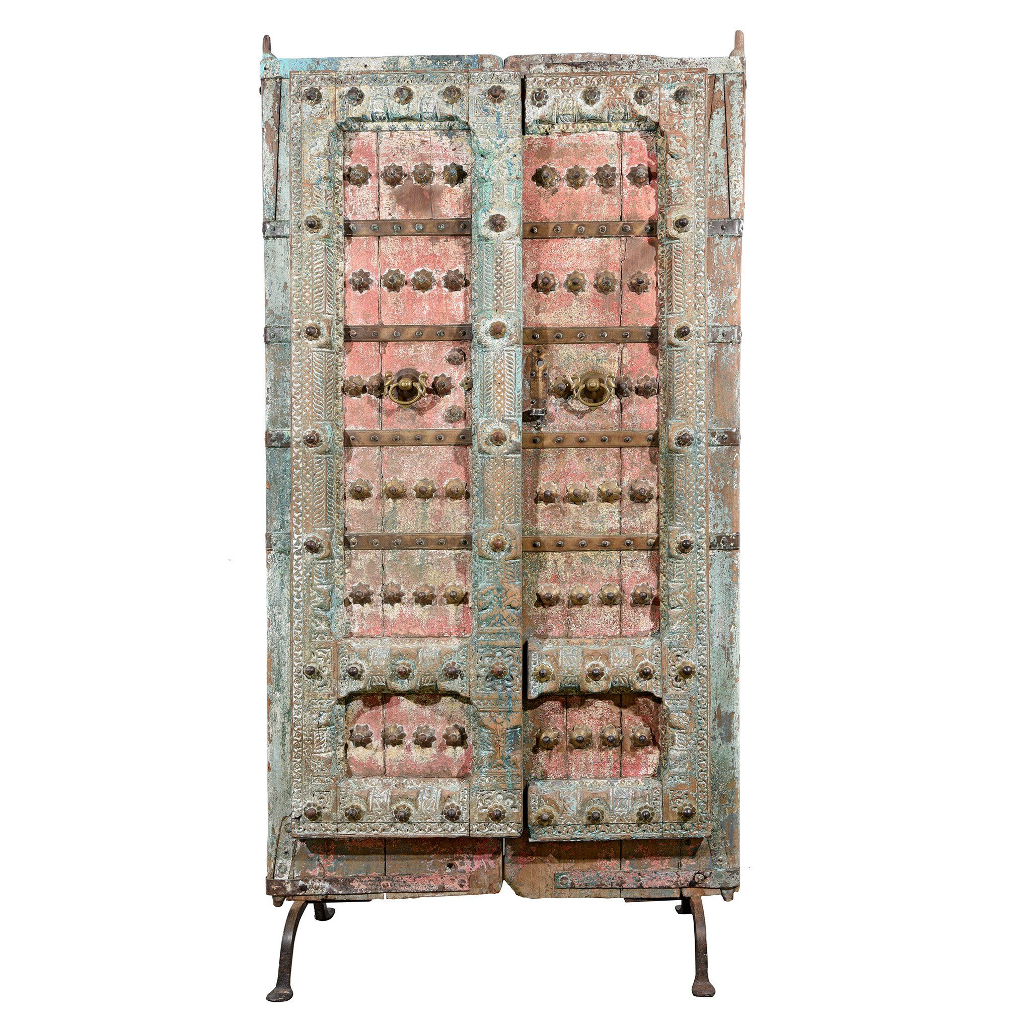 Painted Indian Door With Original Paint From Gujarat - 18thC - Image 3