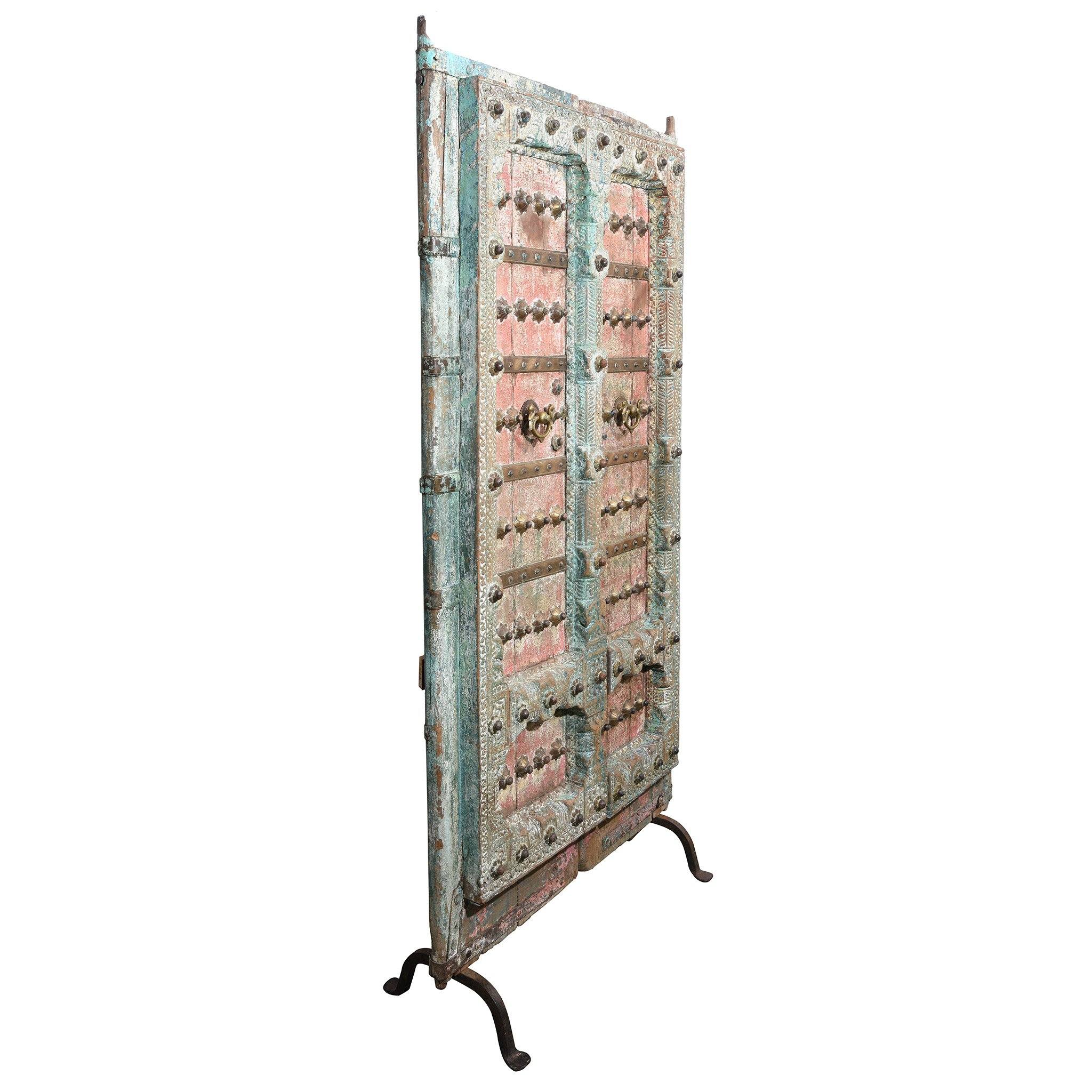 Painted Indian Door With Original Paint From Gujarat - 18thC - Image 4