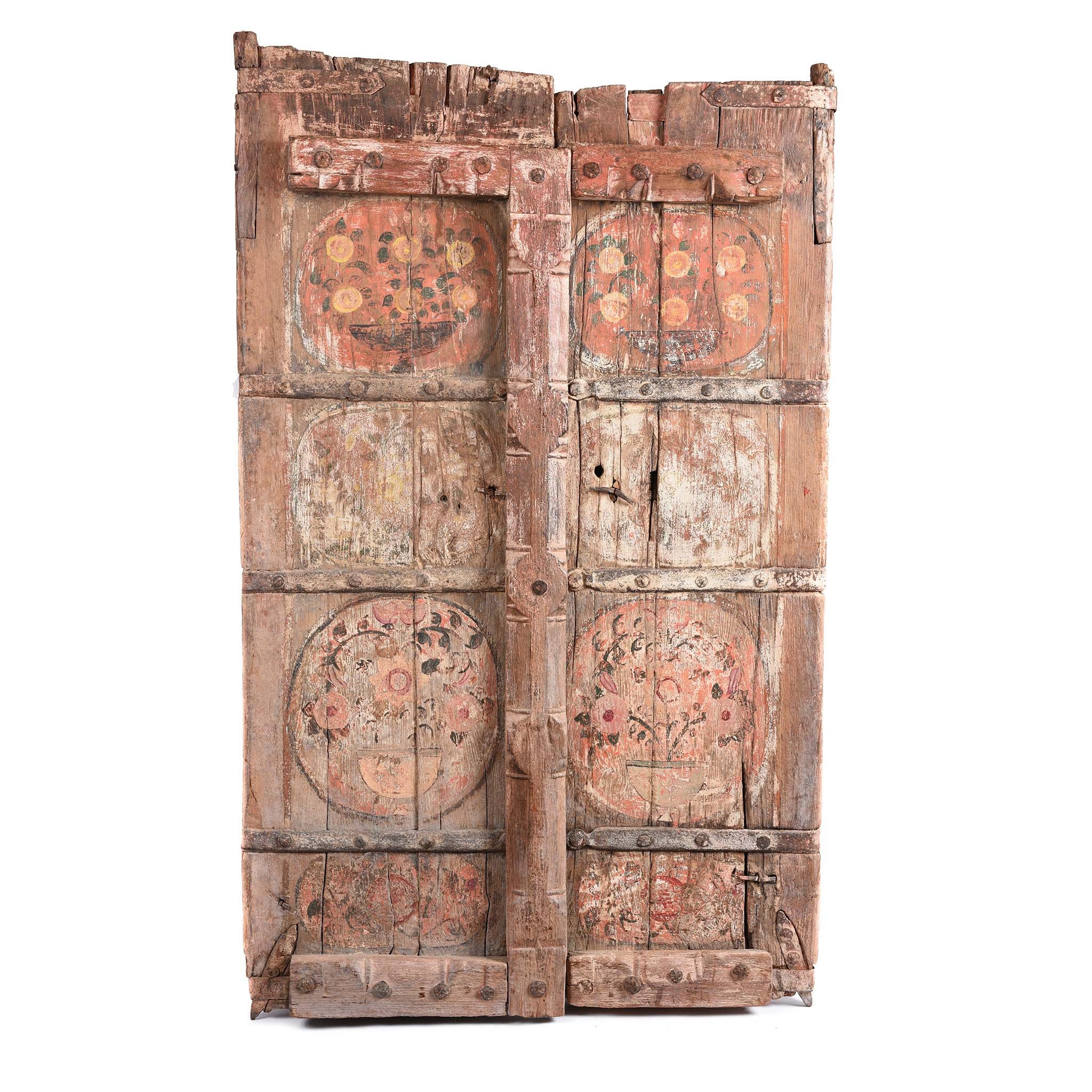 Carved Floral Painted Teak Window Shutter From Gujarat - 19thC