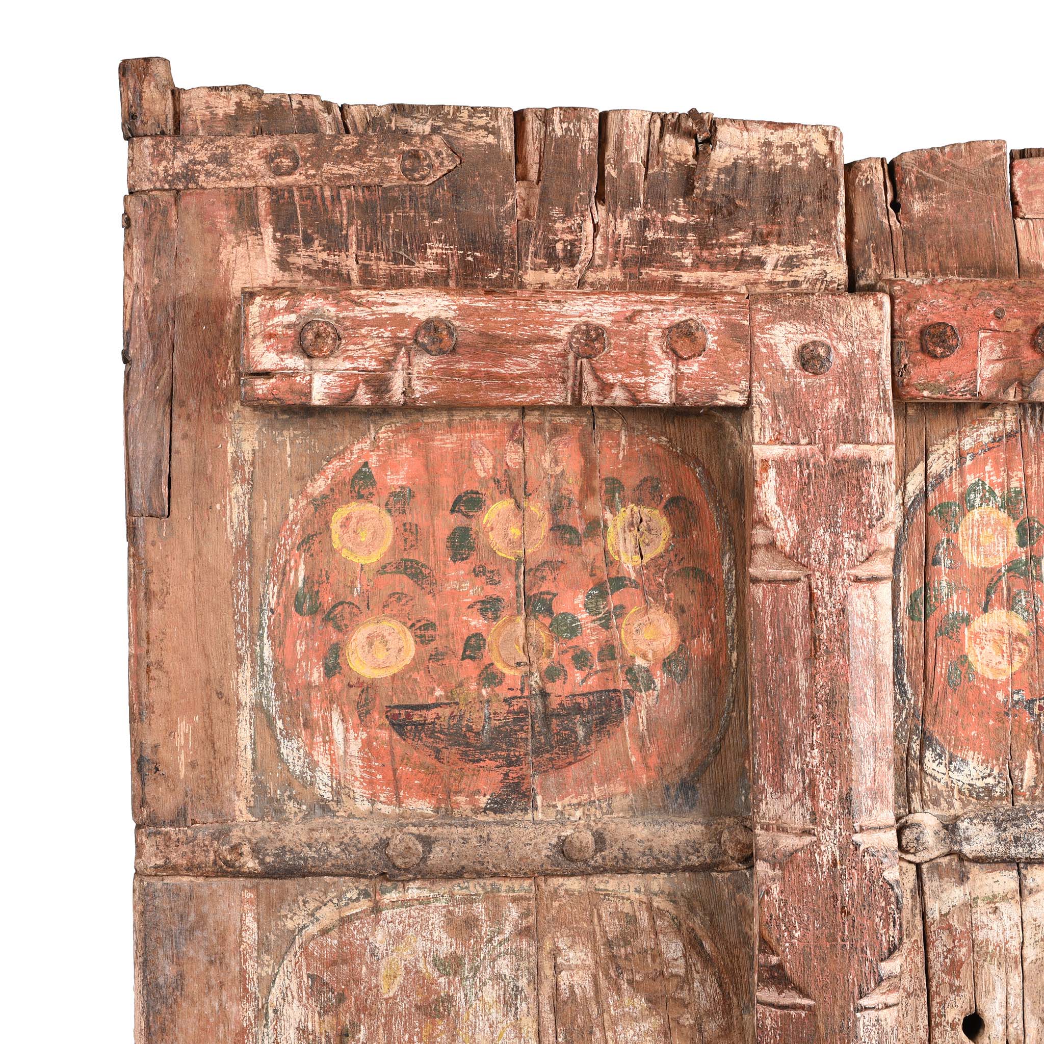 Carved Floral Painted Teak Window Shutter From Gujarat - 19thC - Image 2