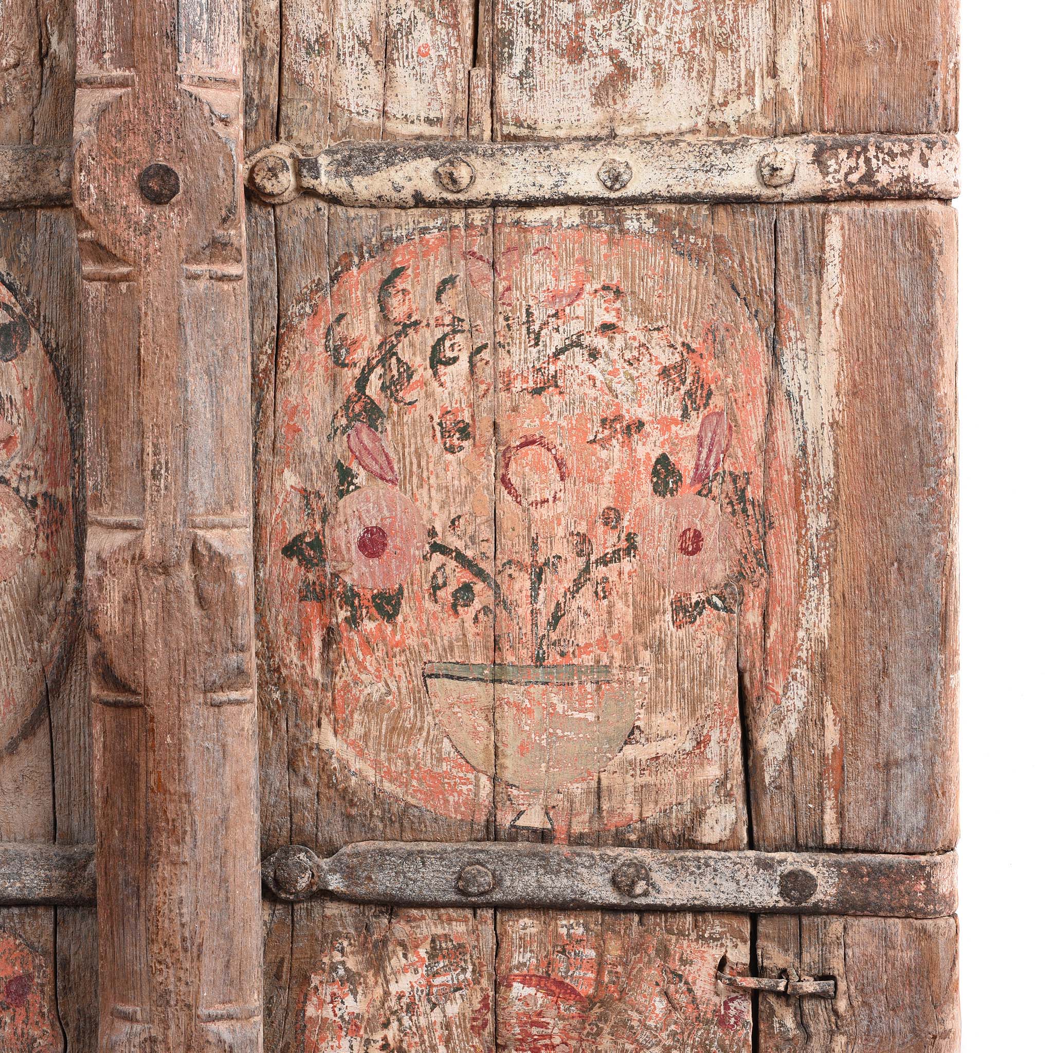 Carved Floral Painted Teak Window Shutter From Gujarat - 19thC - Image 3