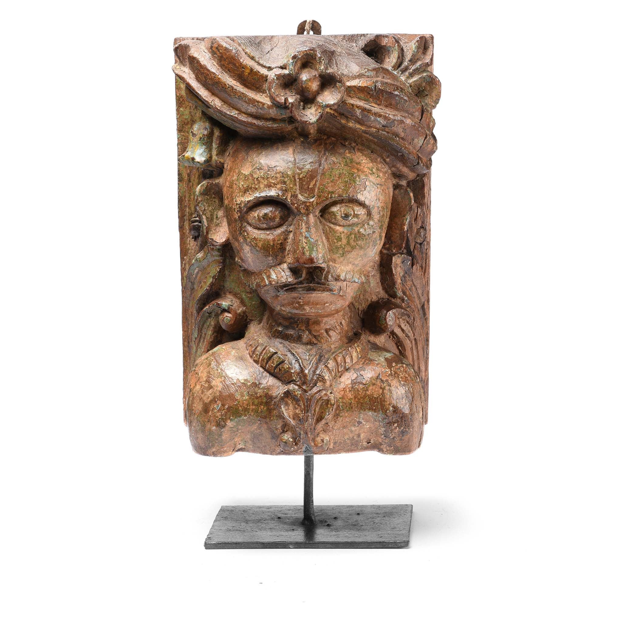 Carved Gujarati Head On Stand - 19thC
