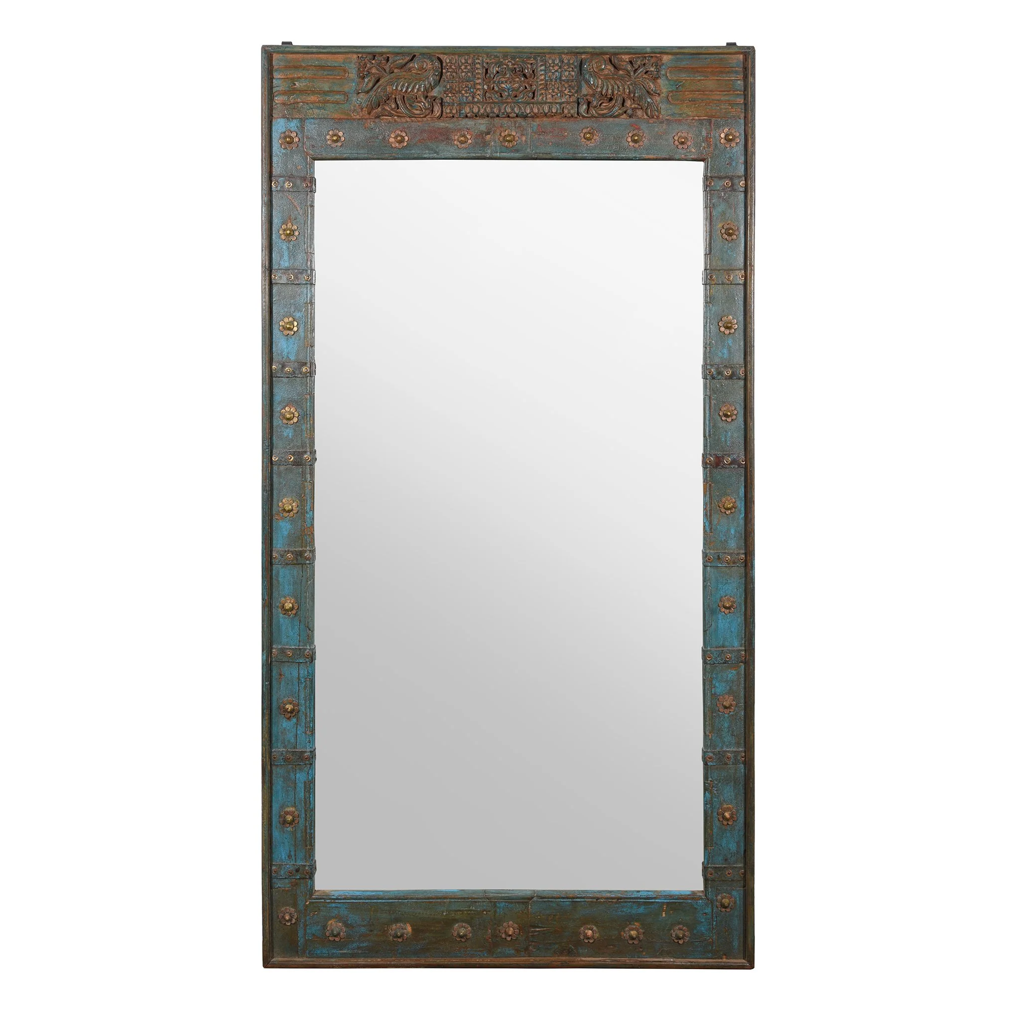 Blue Carved Mirror Made From Old Teak Door - Ca 1920
