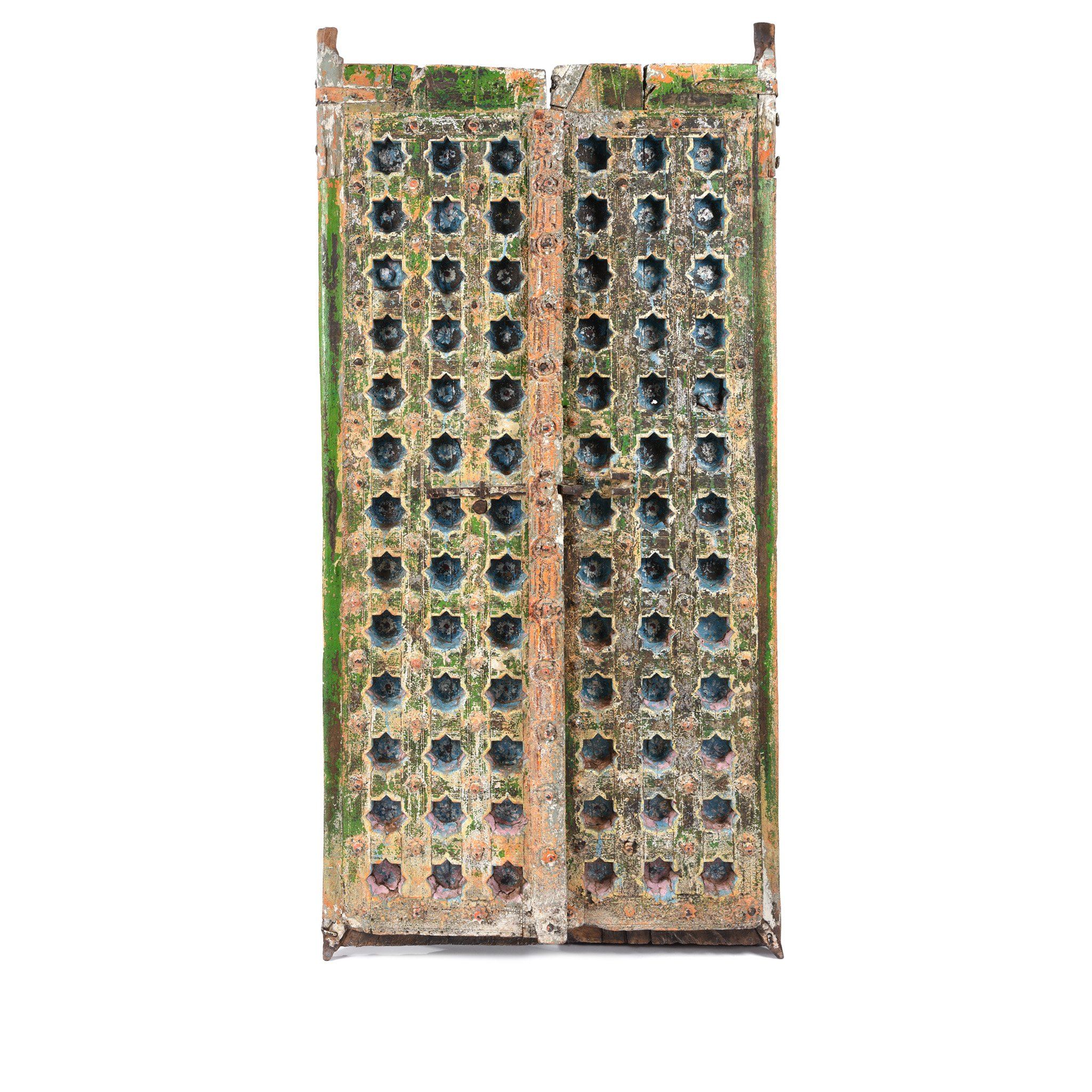 Carved & Painted Teak Window Shutter From South Rajasthan - 19thC