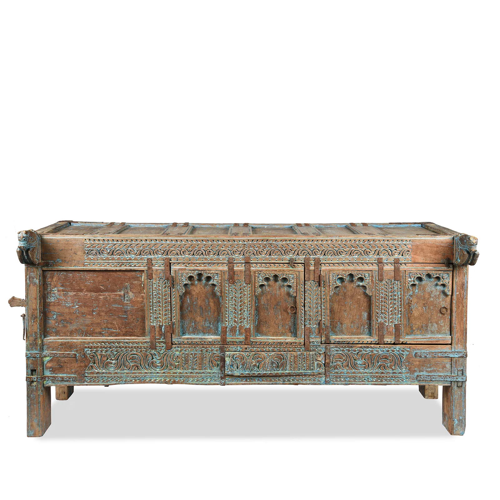 Carved Teak Majus Dowry Chest From Banswara - 19th Century
