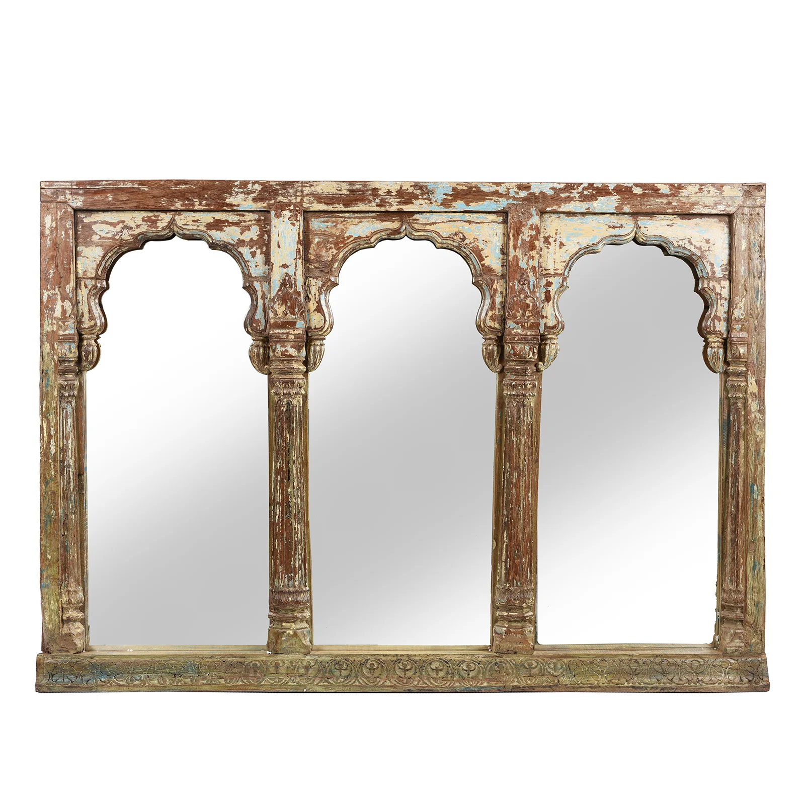 Carved Indian Triple Arch Window Mirror - 19thC (174 x 123cm)