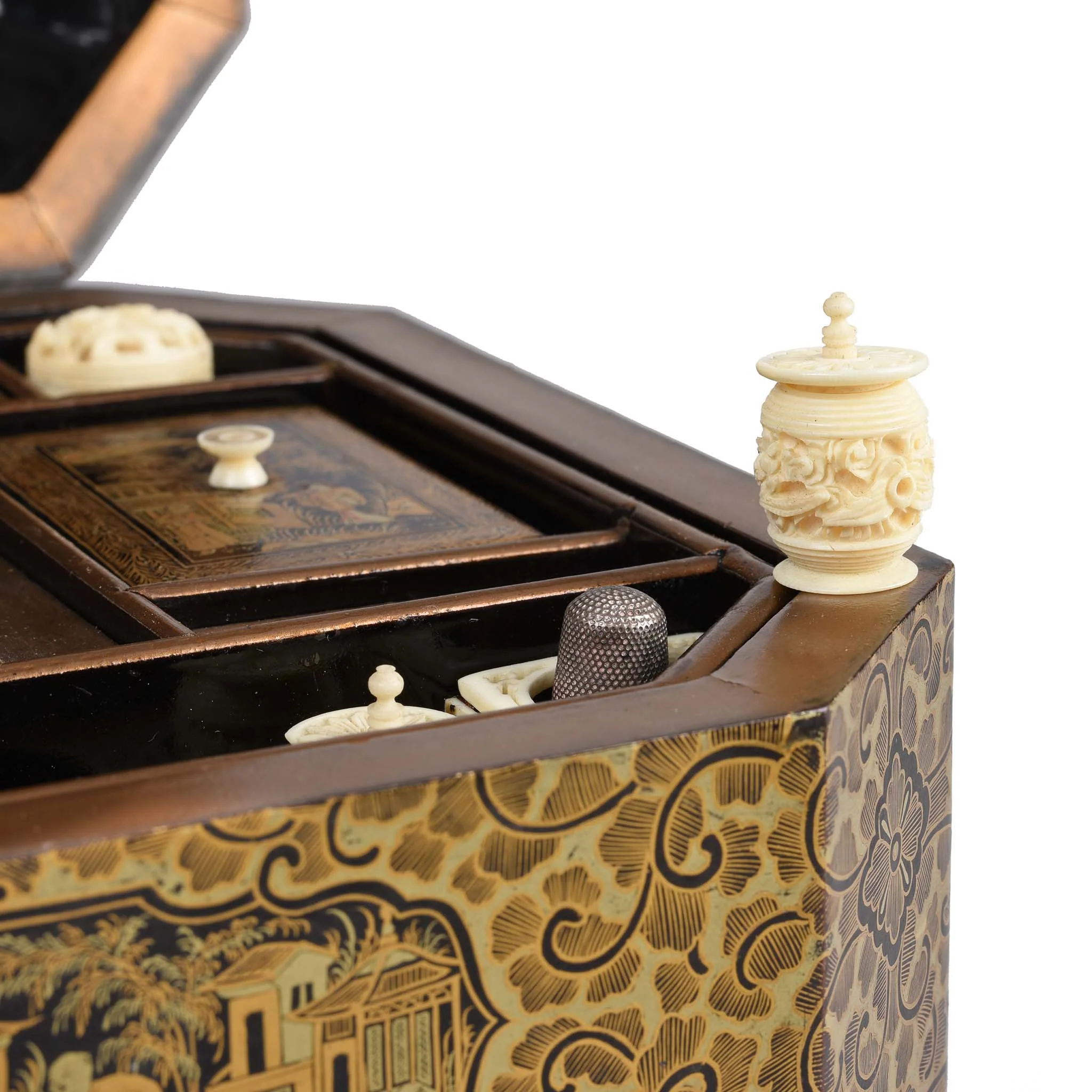 Gilt Black Lacquer Chinese Export Sewing Box - Early 19th Century - Image 9