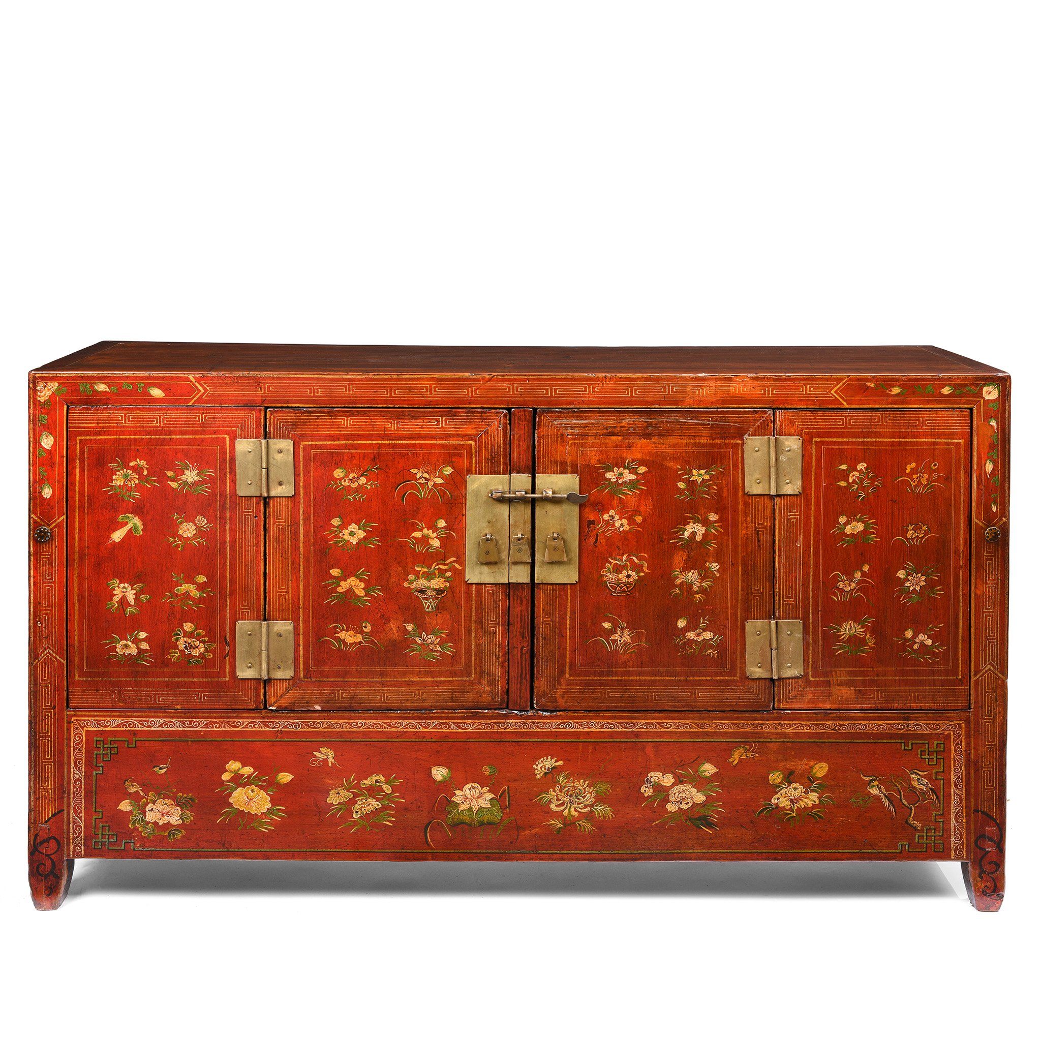 Red Lacquer Chinese Sideboard From Dongbei - Ca 1920