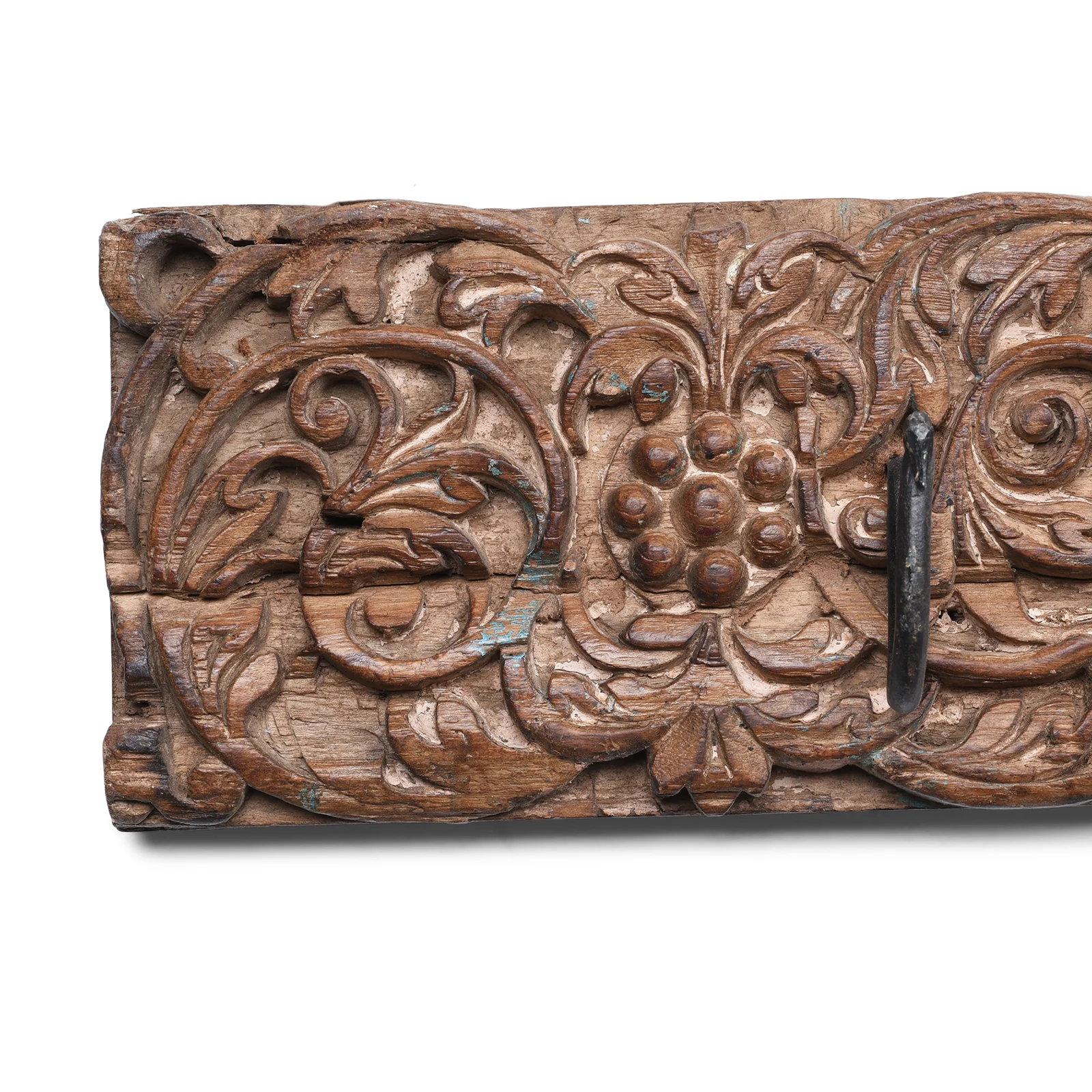 Old Carved Teak Architrave  With Iron Coat Hooks - Image 3