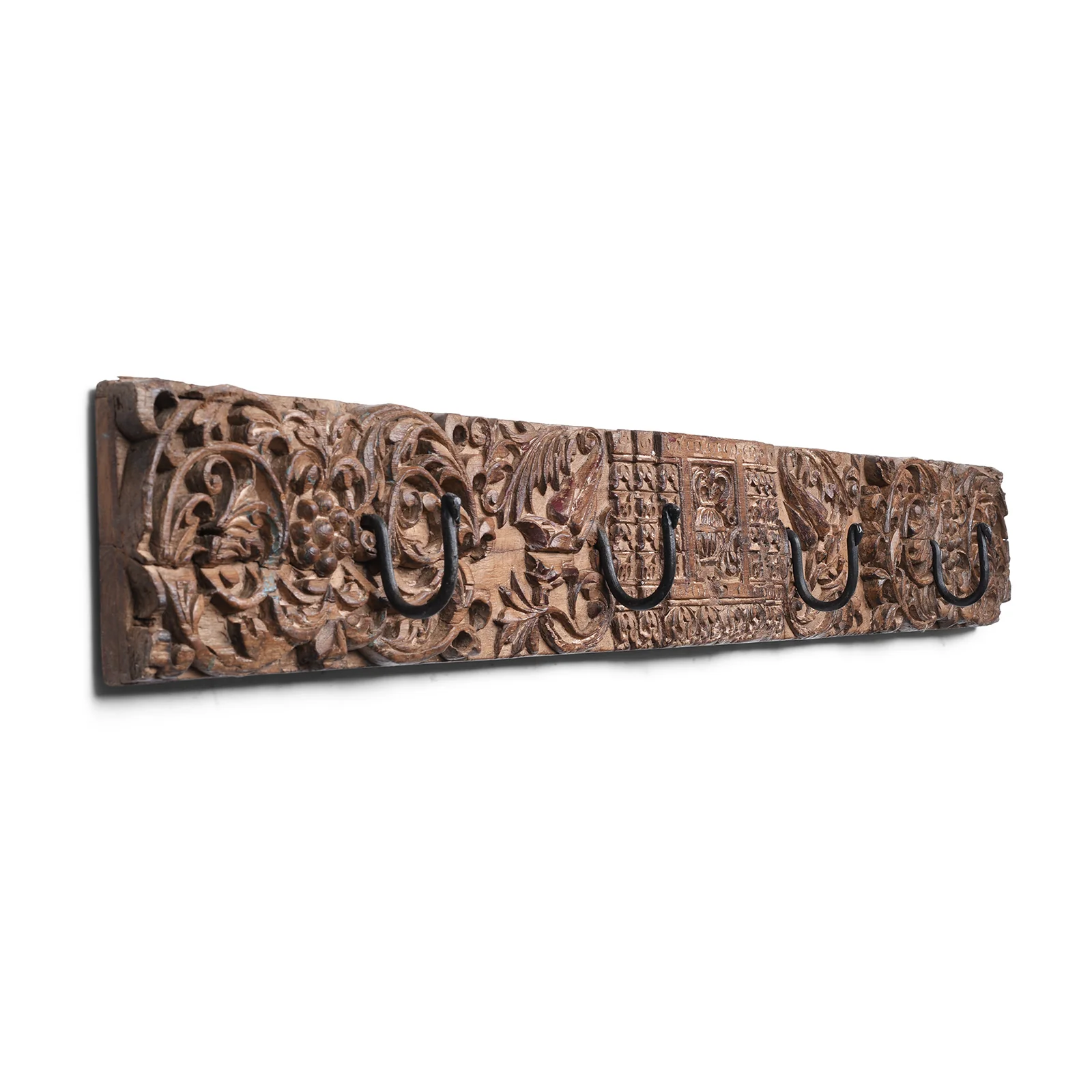 Old Carved Teak Architrave  With Iron Coat Hooks - Image 4