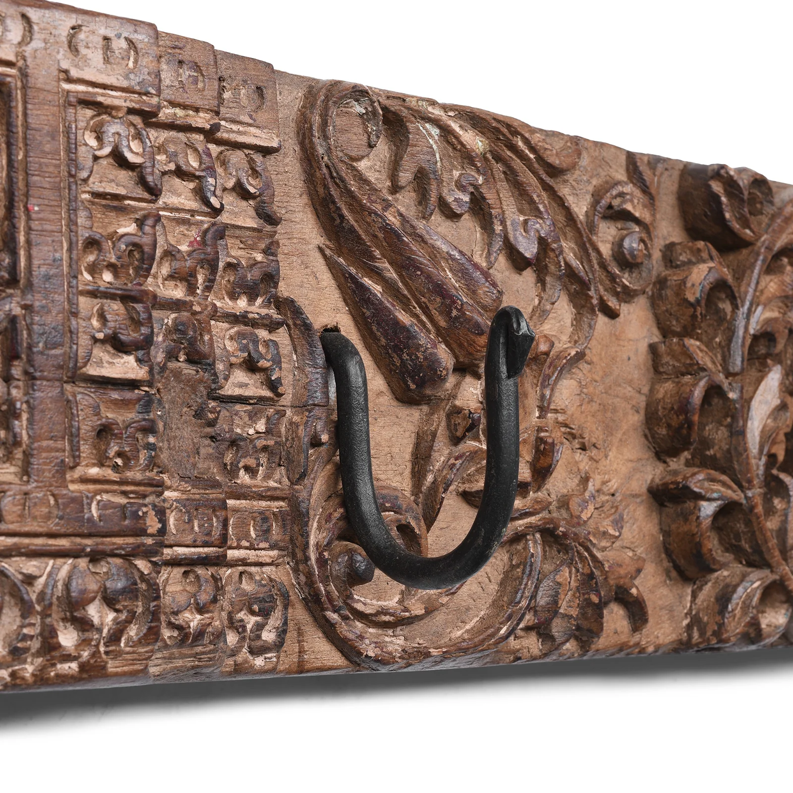 Old Carved Teak Architrave  With Iron Coat Hooks - Image 5