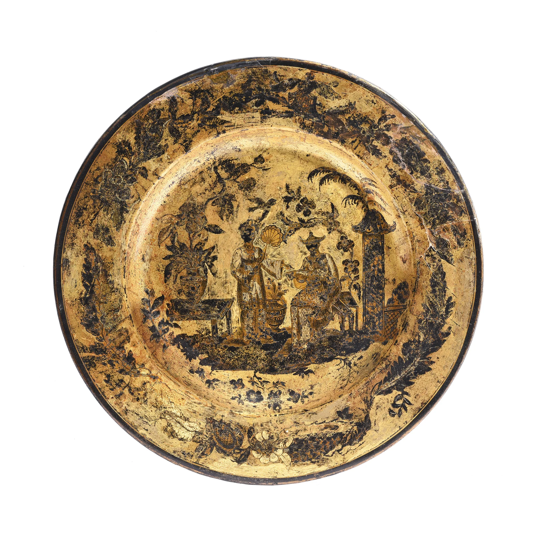 English Chinoiserie Black Lacquer Papiermache Plate - Late 18thC