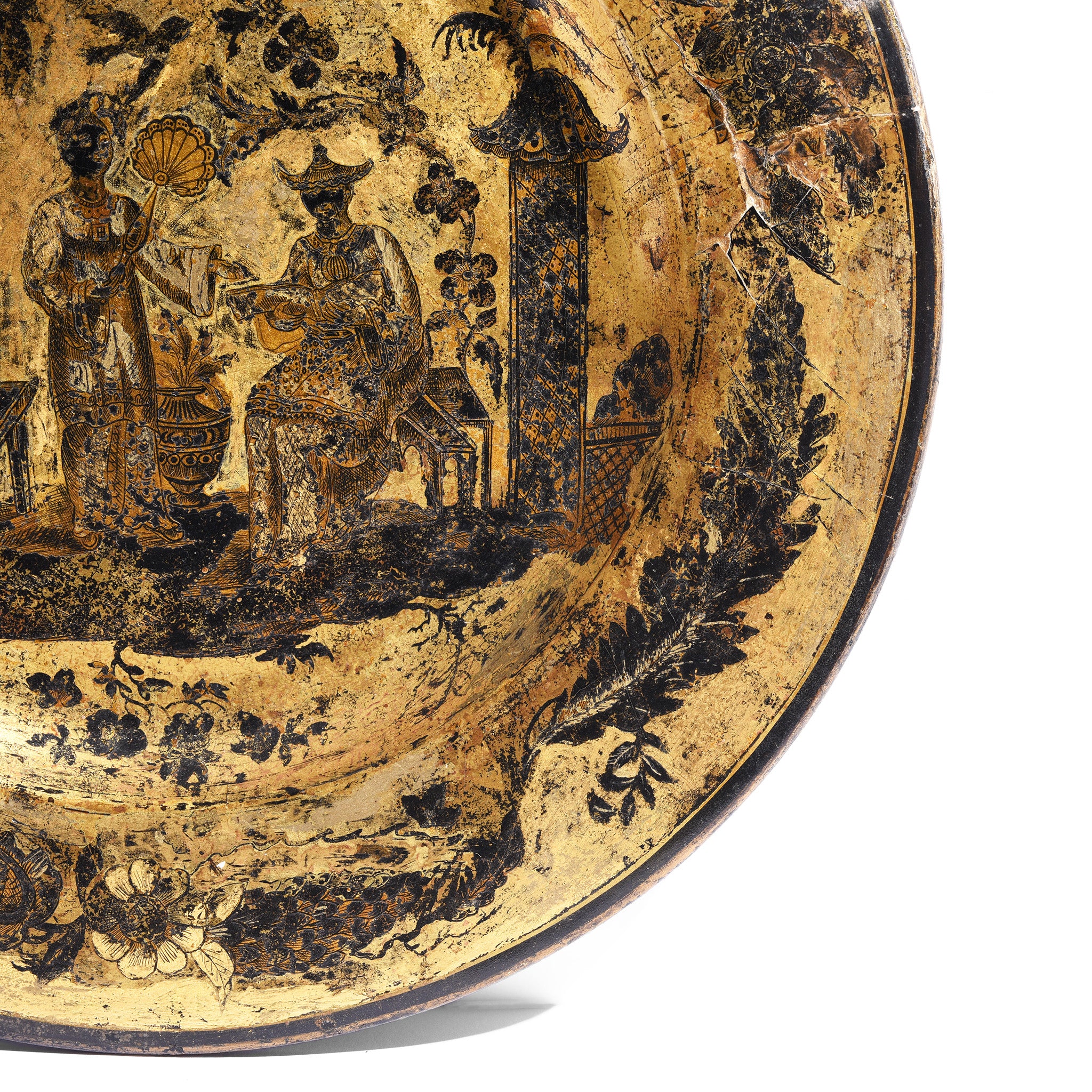 English Chinoiserie Black Lacquer Papiermache Plate - Late 18thC - Image 3