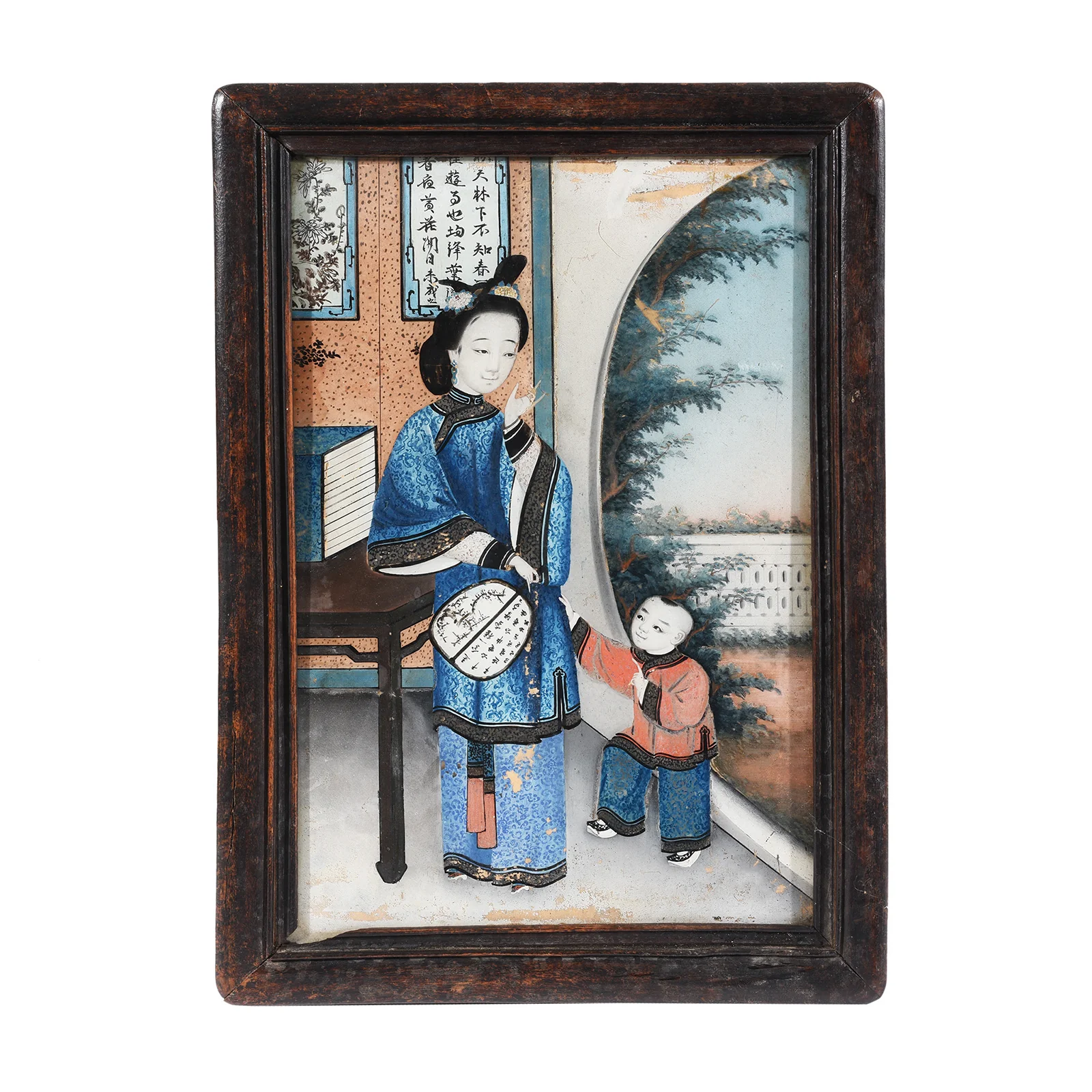 Chinese Reverse Glass Painting of a Woman & Child - 19th Century