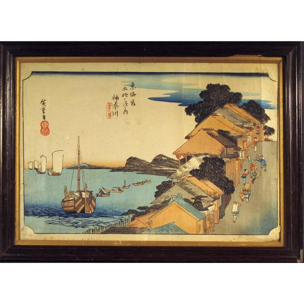 Framed Japanese Woodblock Print: "Kanagawa: View of the Embankment" by Ando Hiroshige - Early 20thC