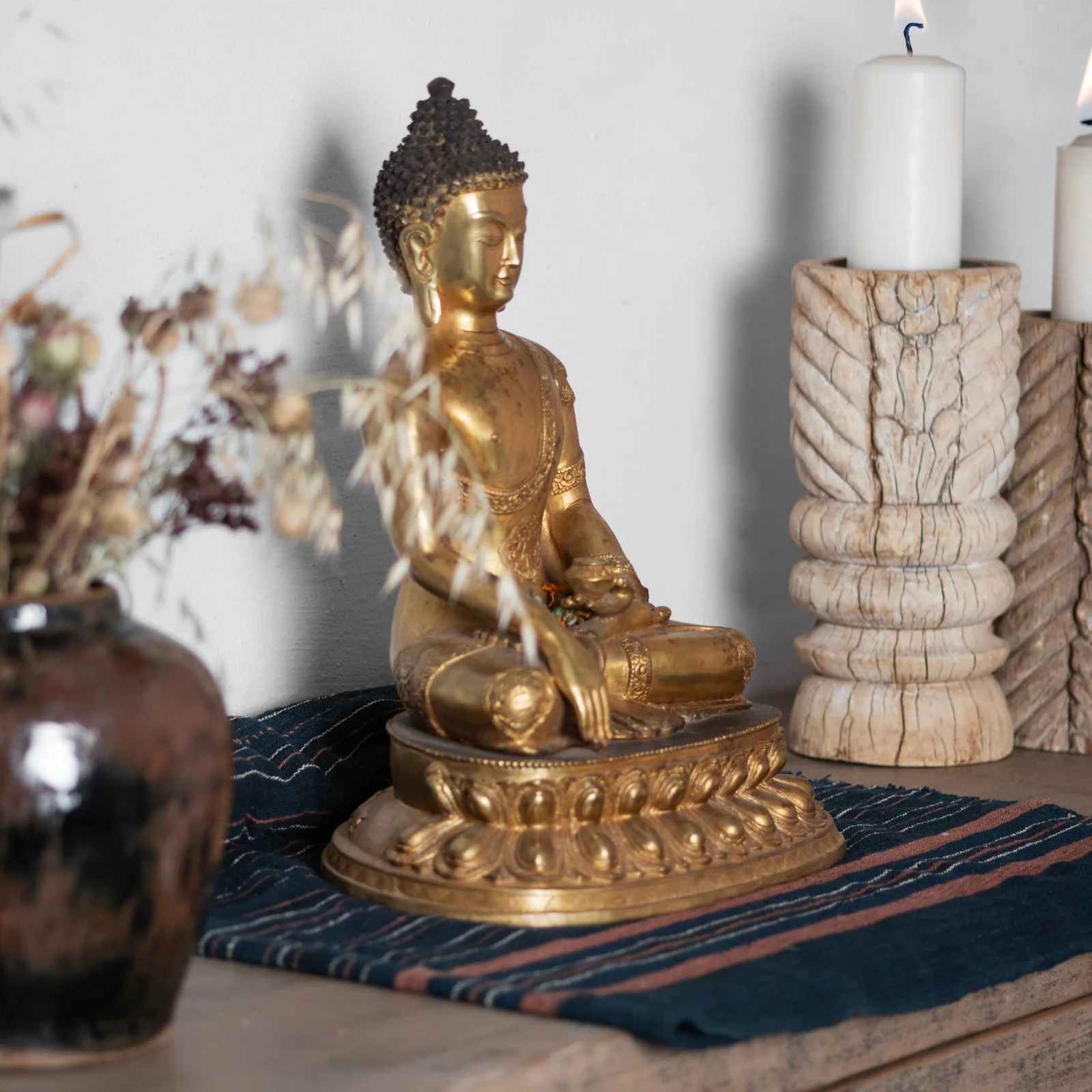 Gilt Brass Sitting Buddha Statue - Bhumisparsha Mudra