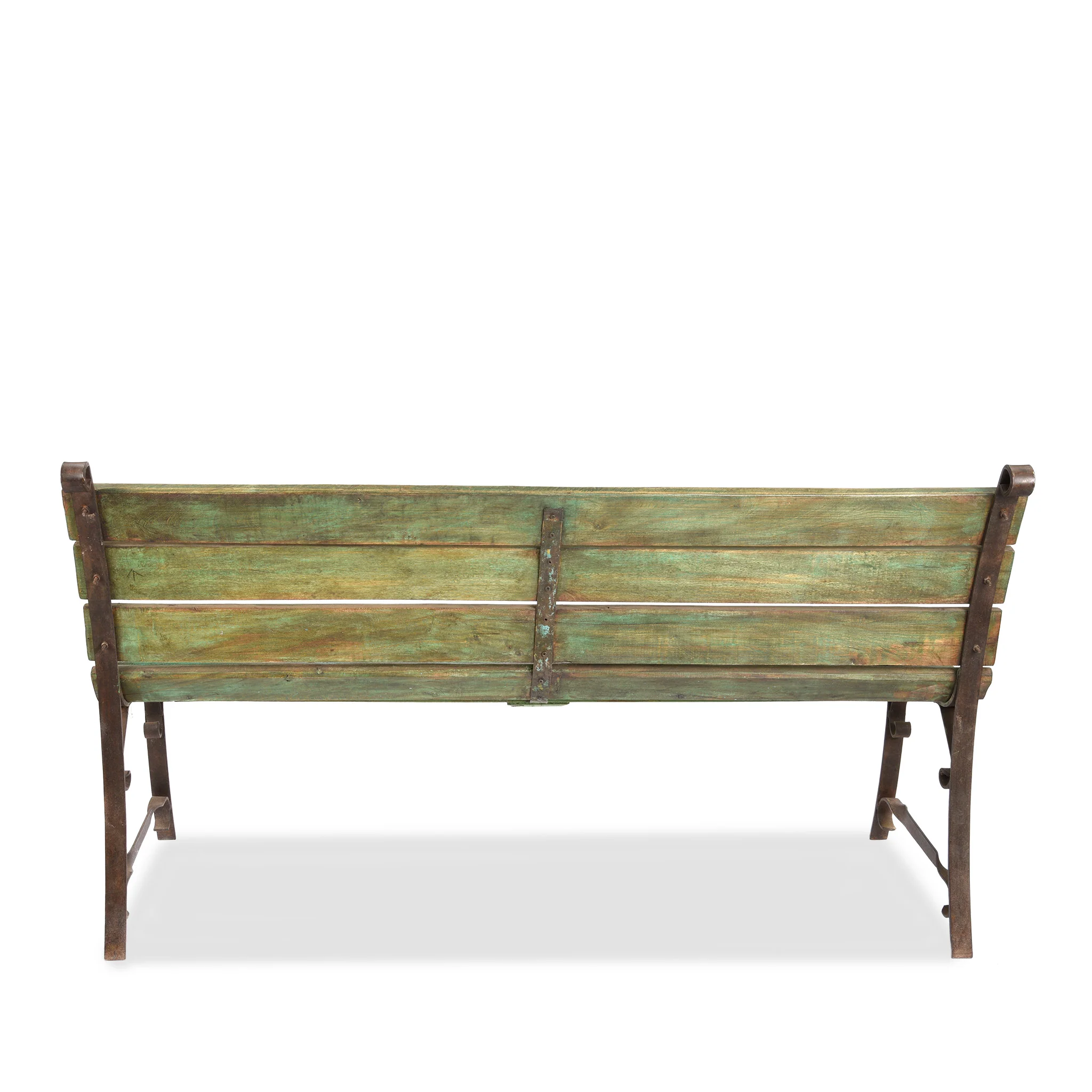 Vintage Green Painted Slatted Teak Bench - Ca 1910 - Image 7
