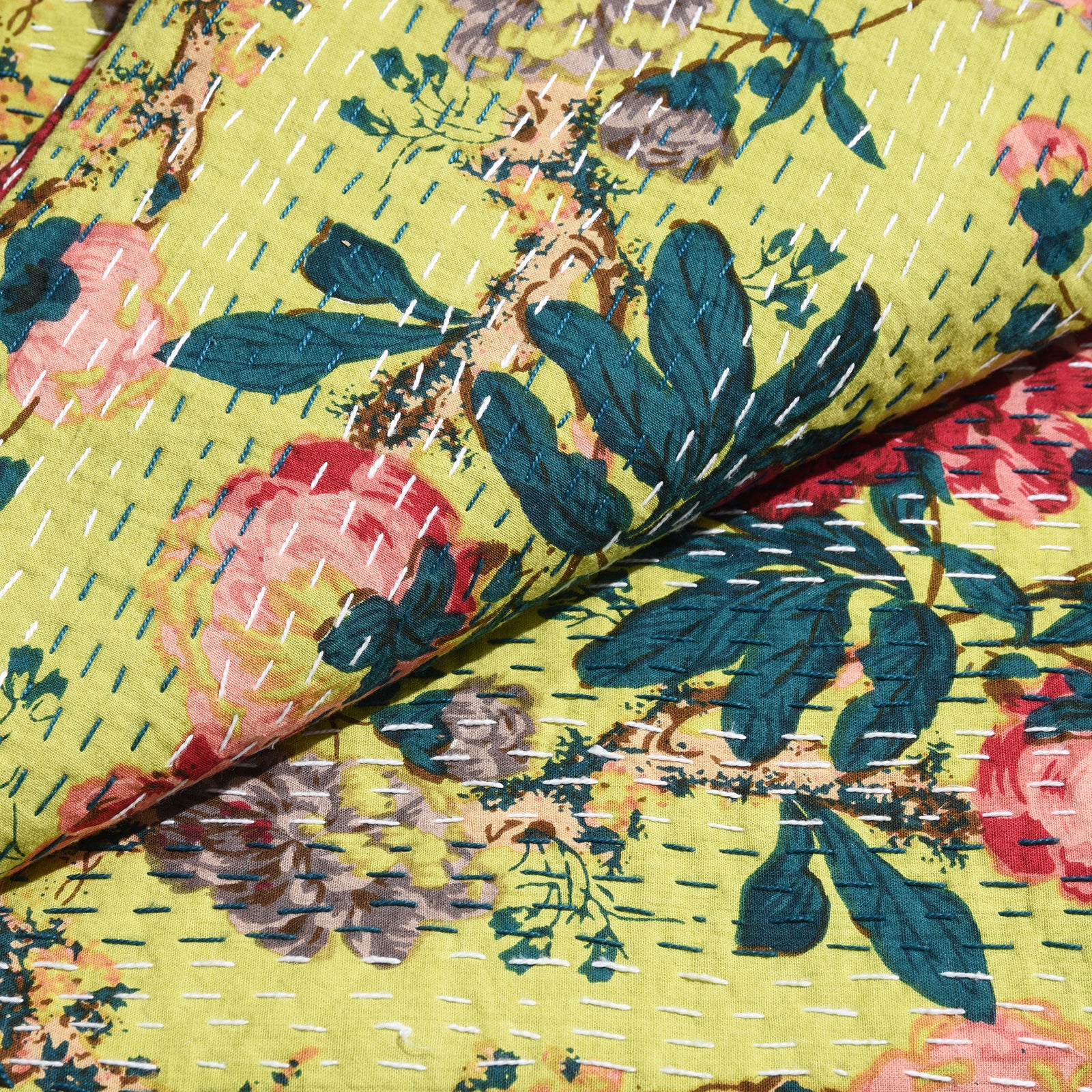 Lime Green Floral Hand Block Printed Cotton Kantha Throw  -Double bed Size - Image 3