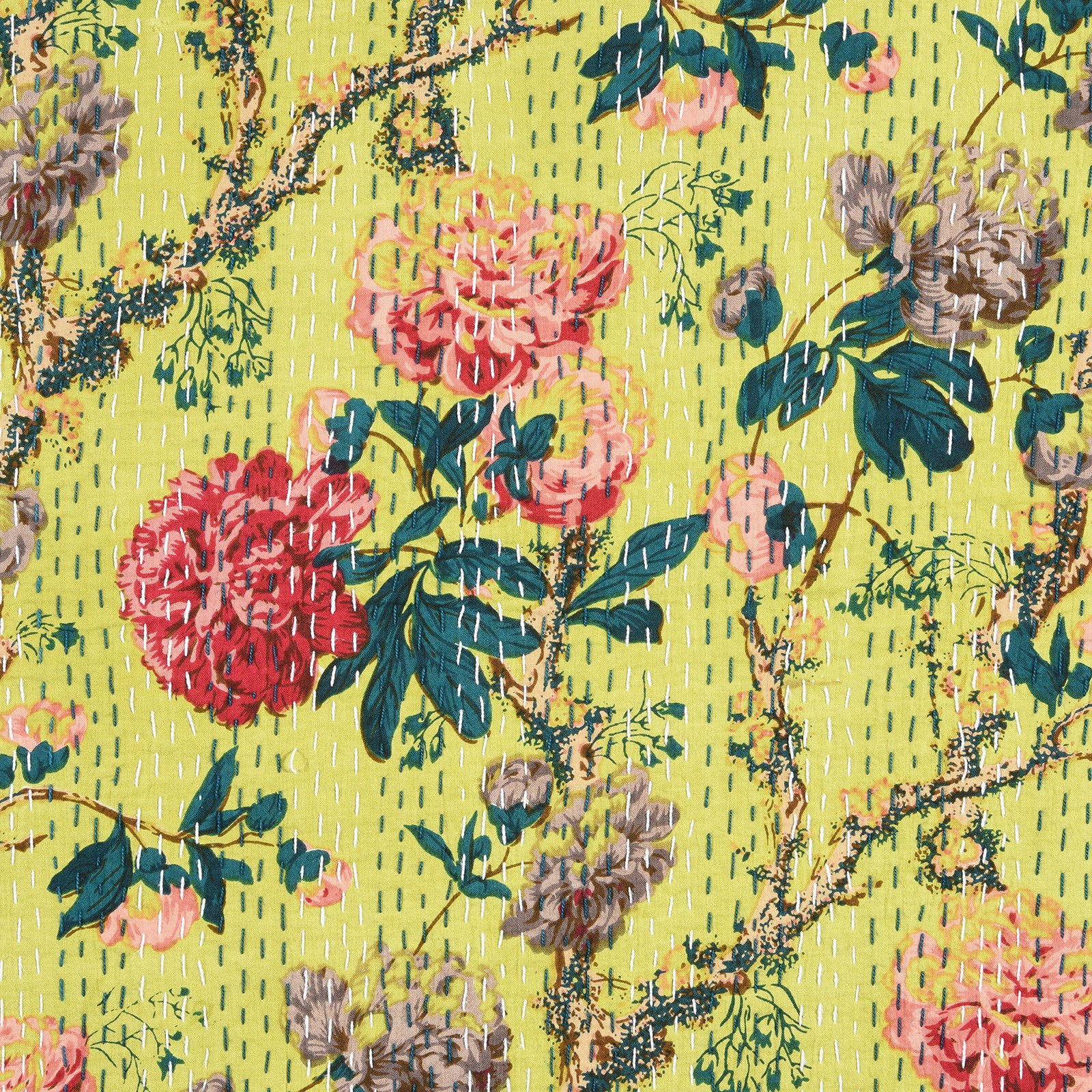 Lime Green Floral Hand Block Printed Cotton Kantha Throw  -Double bed Size - Image 4