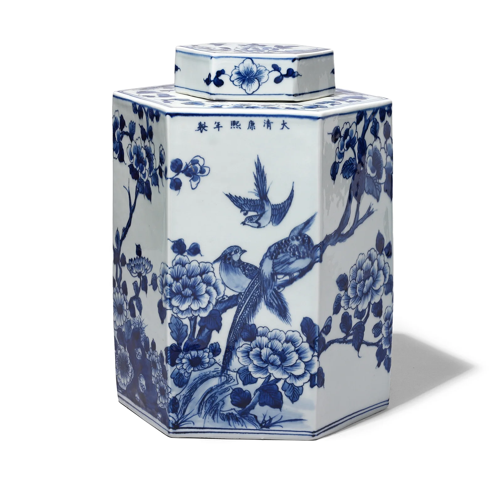 Hexagonal Blue & White Porcelain Tea Caddy - Birds & Trees