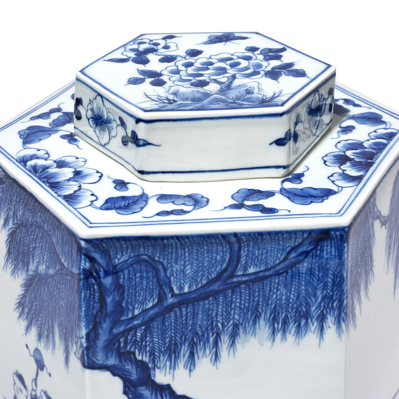 Hexagonal Blue & White Porcelain Tea Caddy - Children At Play - Image 2