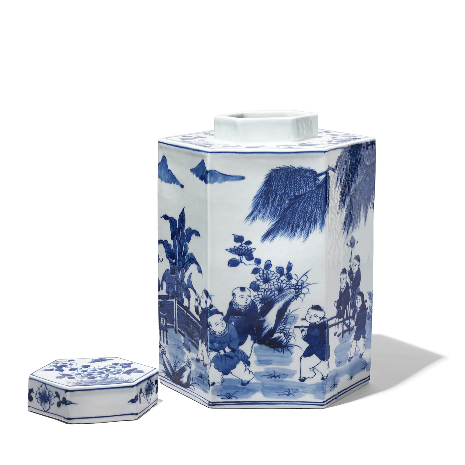 Hexagonal Blue & White Porcelain Tea Caddy - Children At Play - Image 3