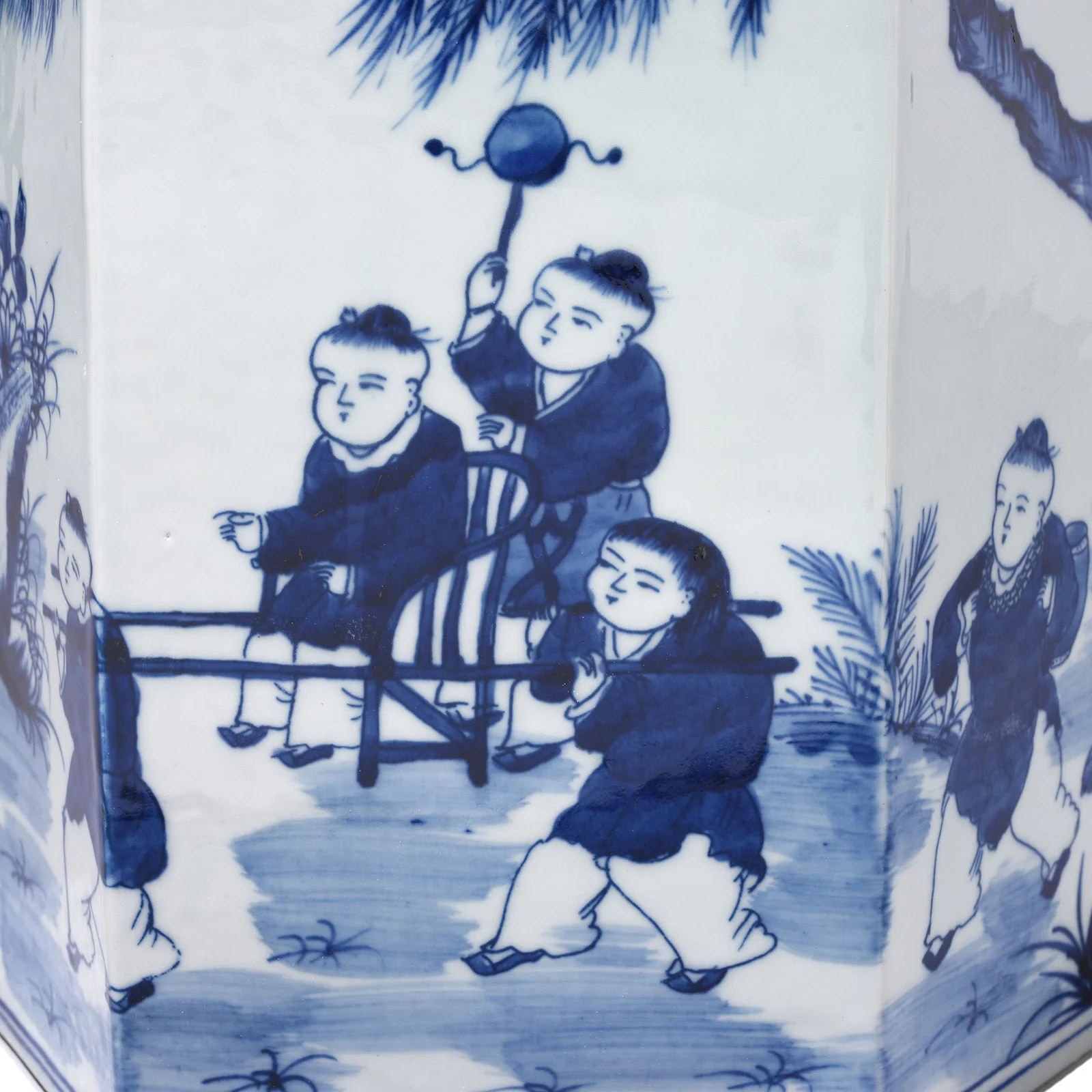 Hexagonal Blue & White Porcelain Tea Caddy - Children At Play - Image 5