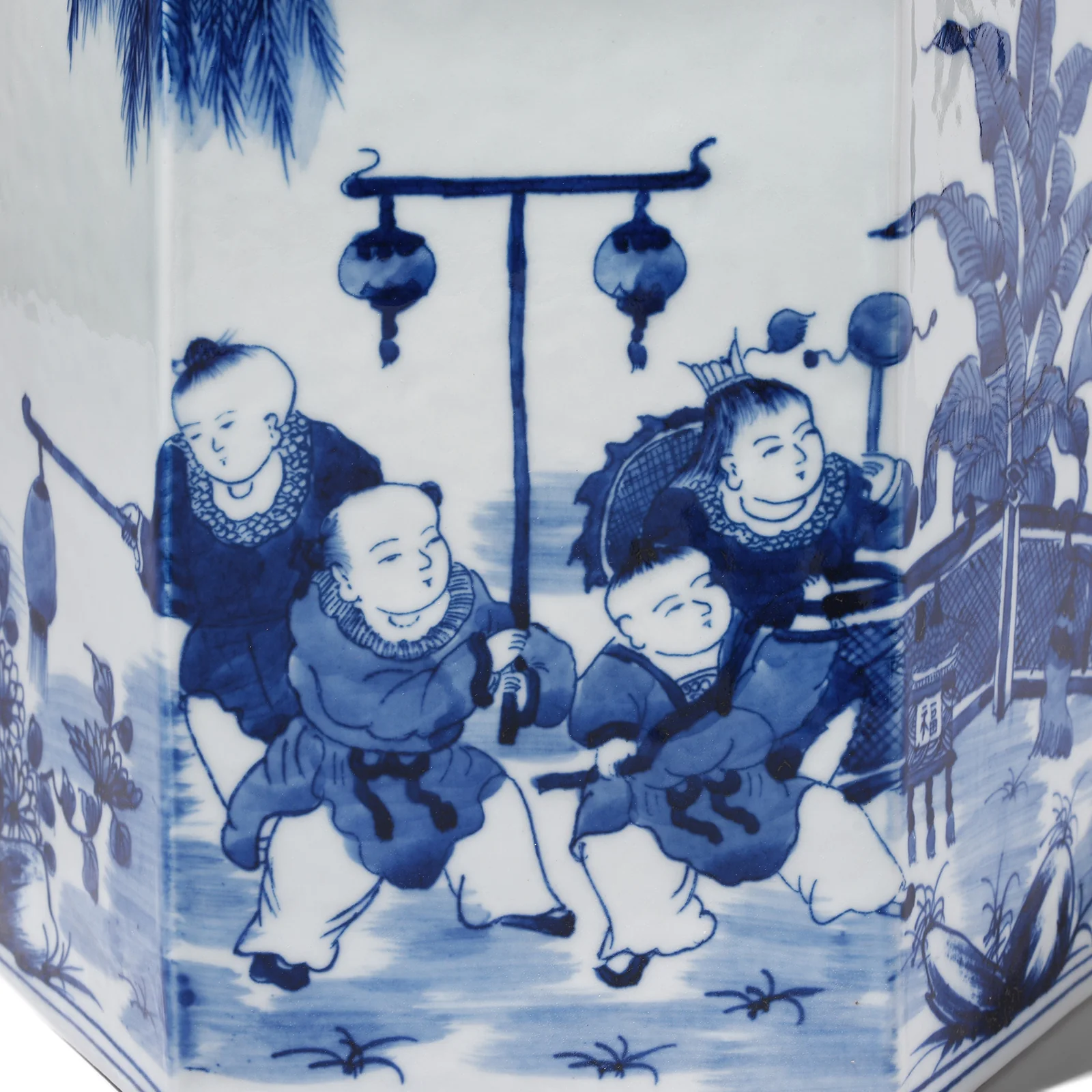 Hexagonal Blue & White Porcelain Tea Caddy - Children At Play - Image 7