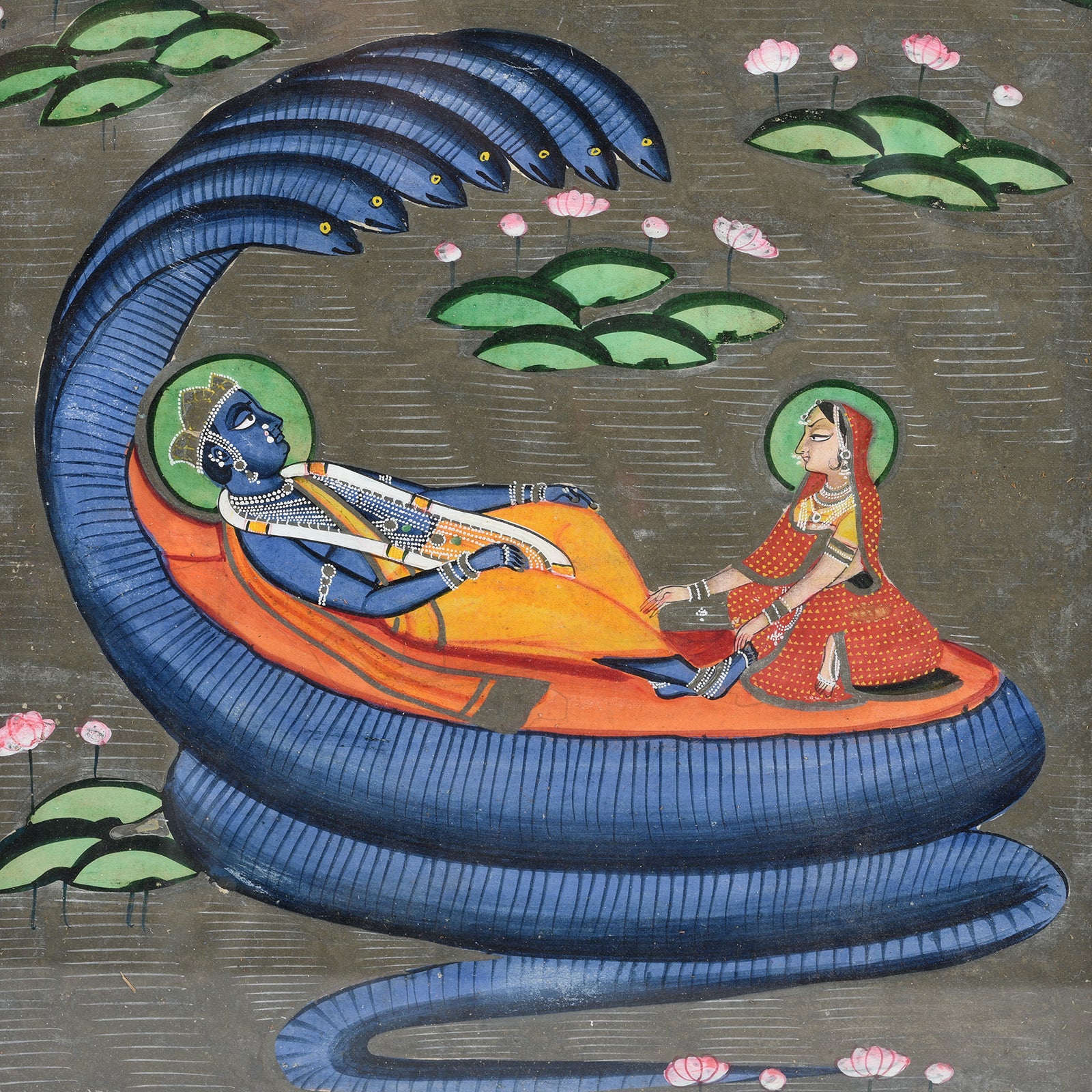 Original Indian Watercolour Of Vishnu On A Bed Of Snakes - 19thC - Image 2