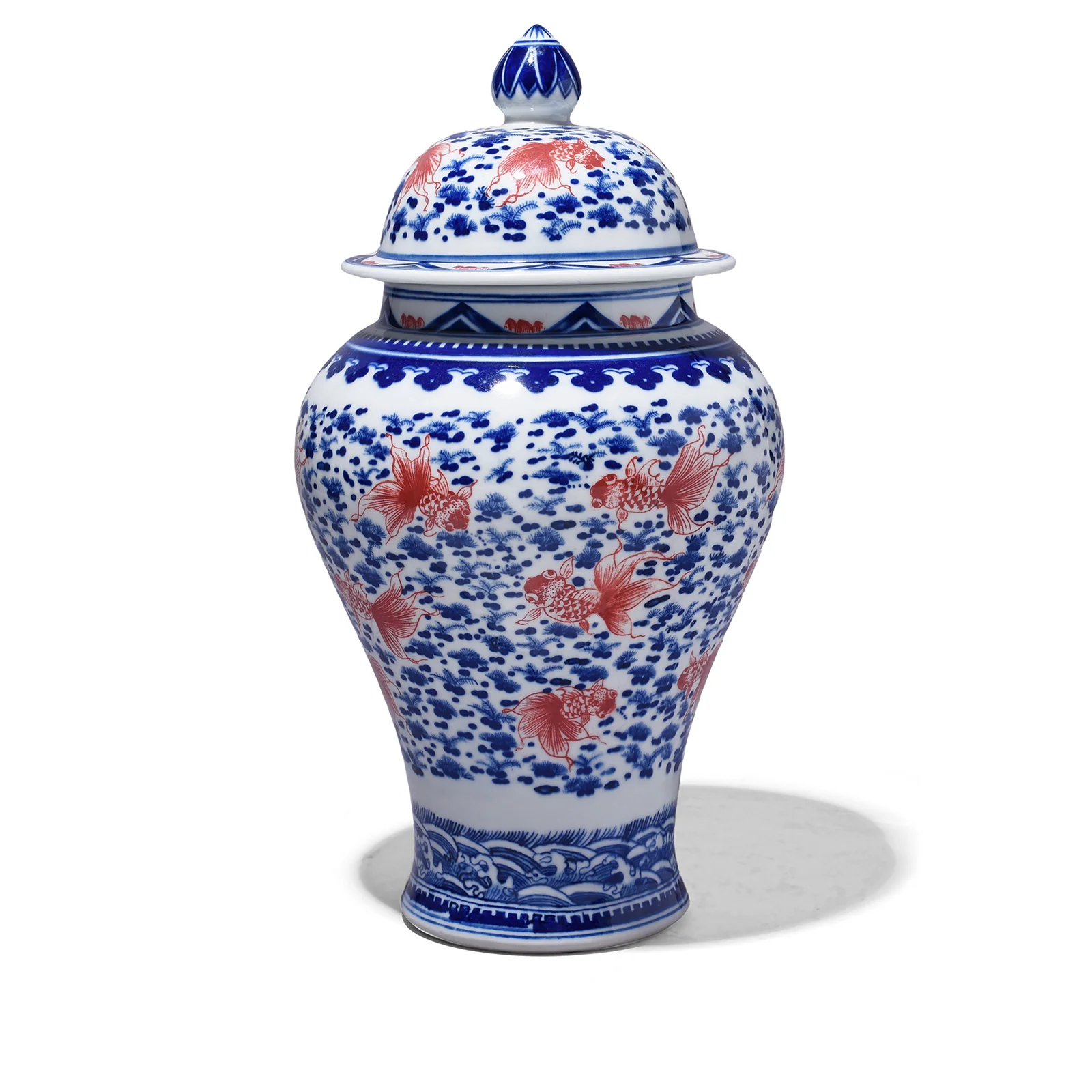 Blue & White Porcelain Temple Jar - Copper Fish