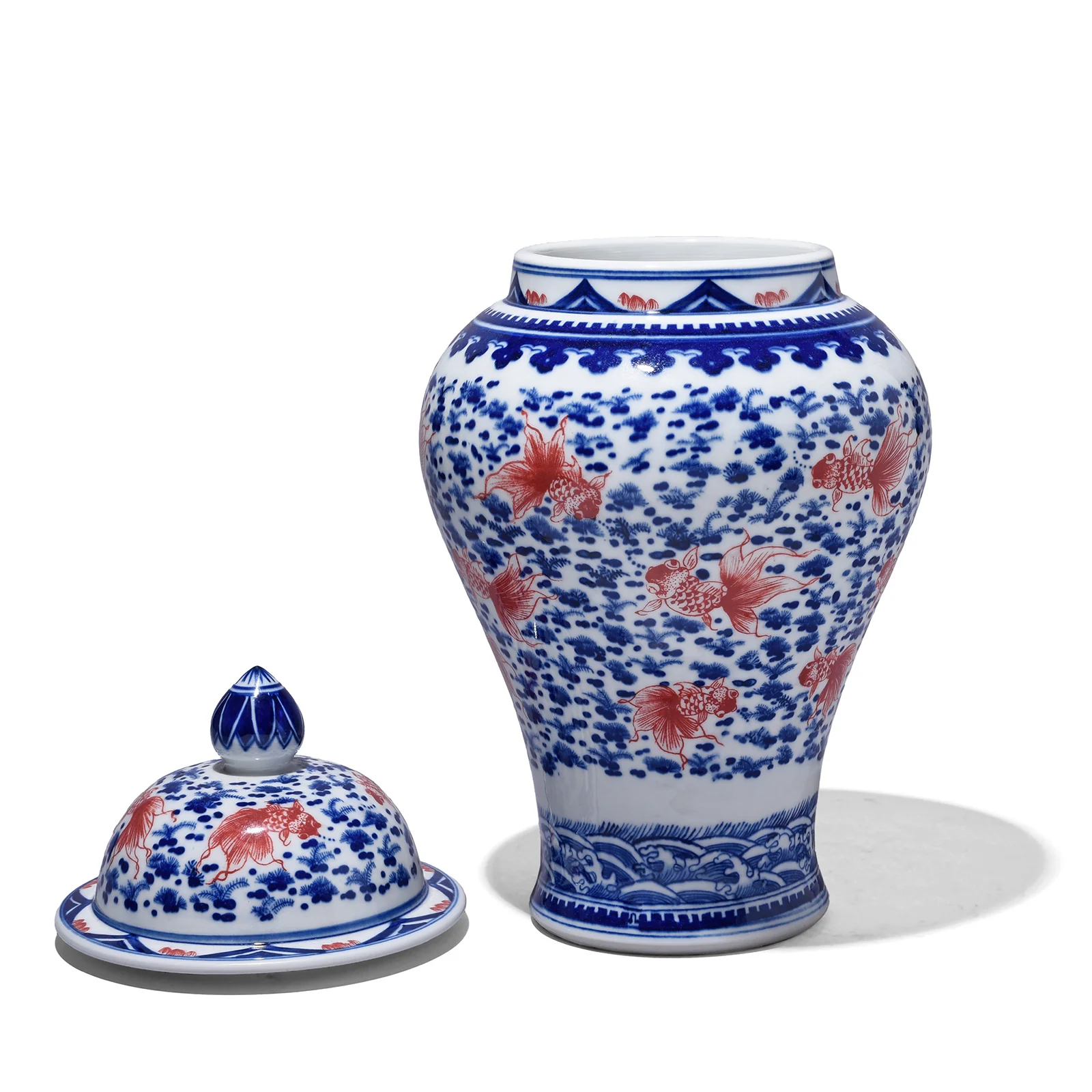Blue & White Porcelain Temple Jar - Copper Fish - Image 2