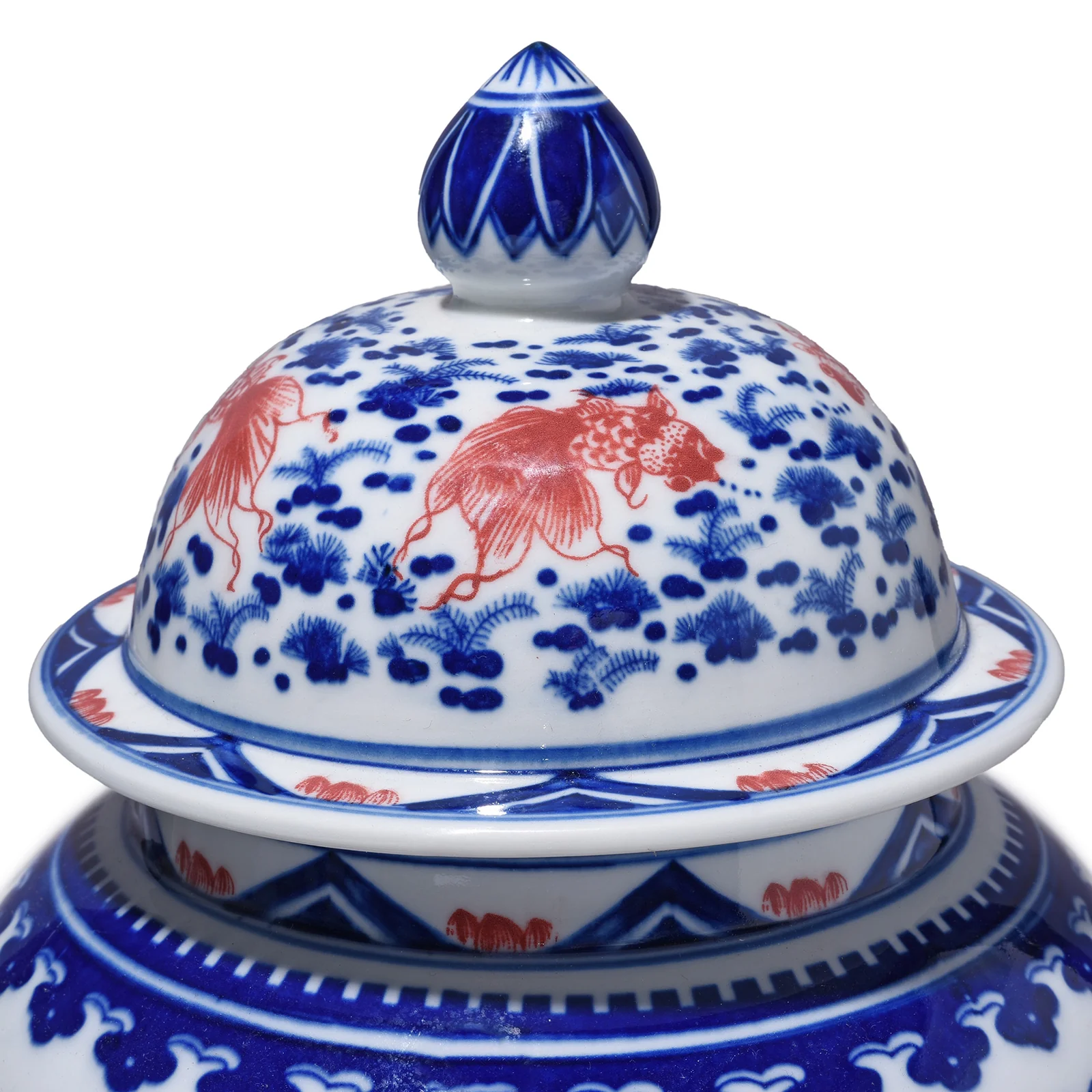 Blue & White Porcelain Temple Jar - Copper Fish - Image 3