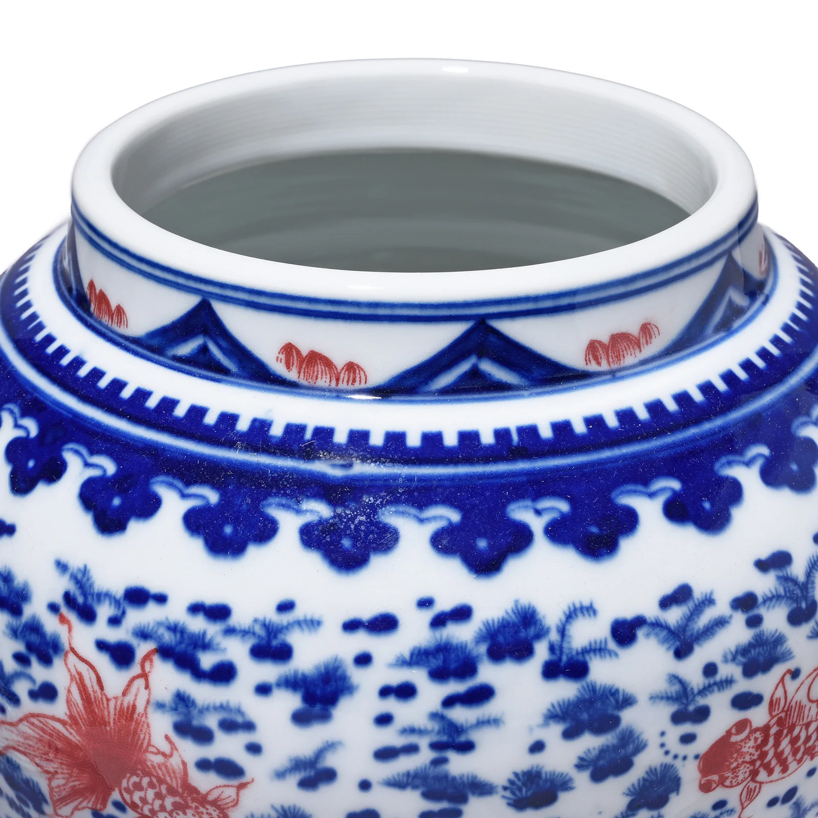 Blue & White Porcelain Temple Jar - Copper Fish - Image 4