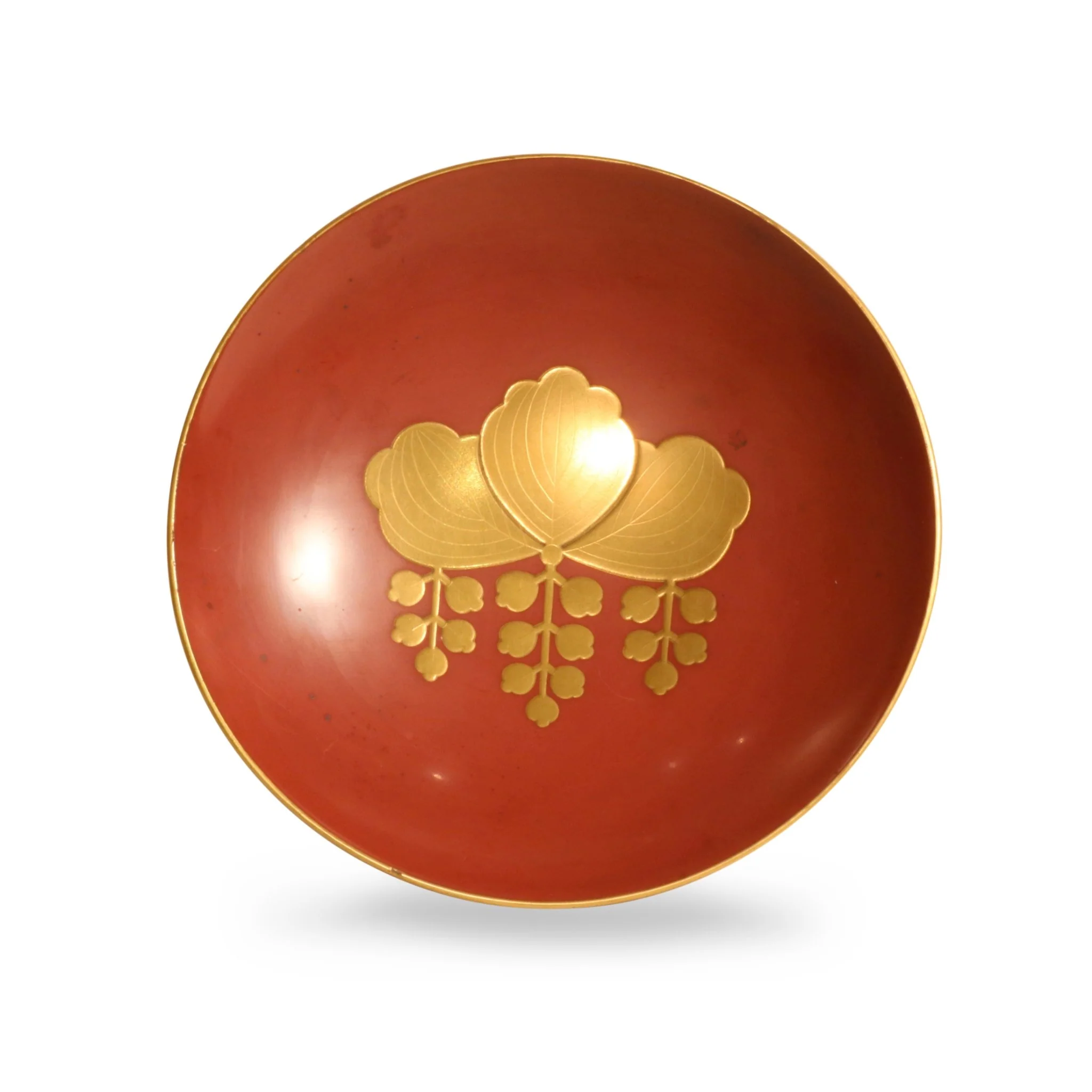 Red Lacquer Bowl With Gold Floral Design - Ca 1930