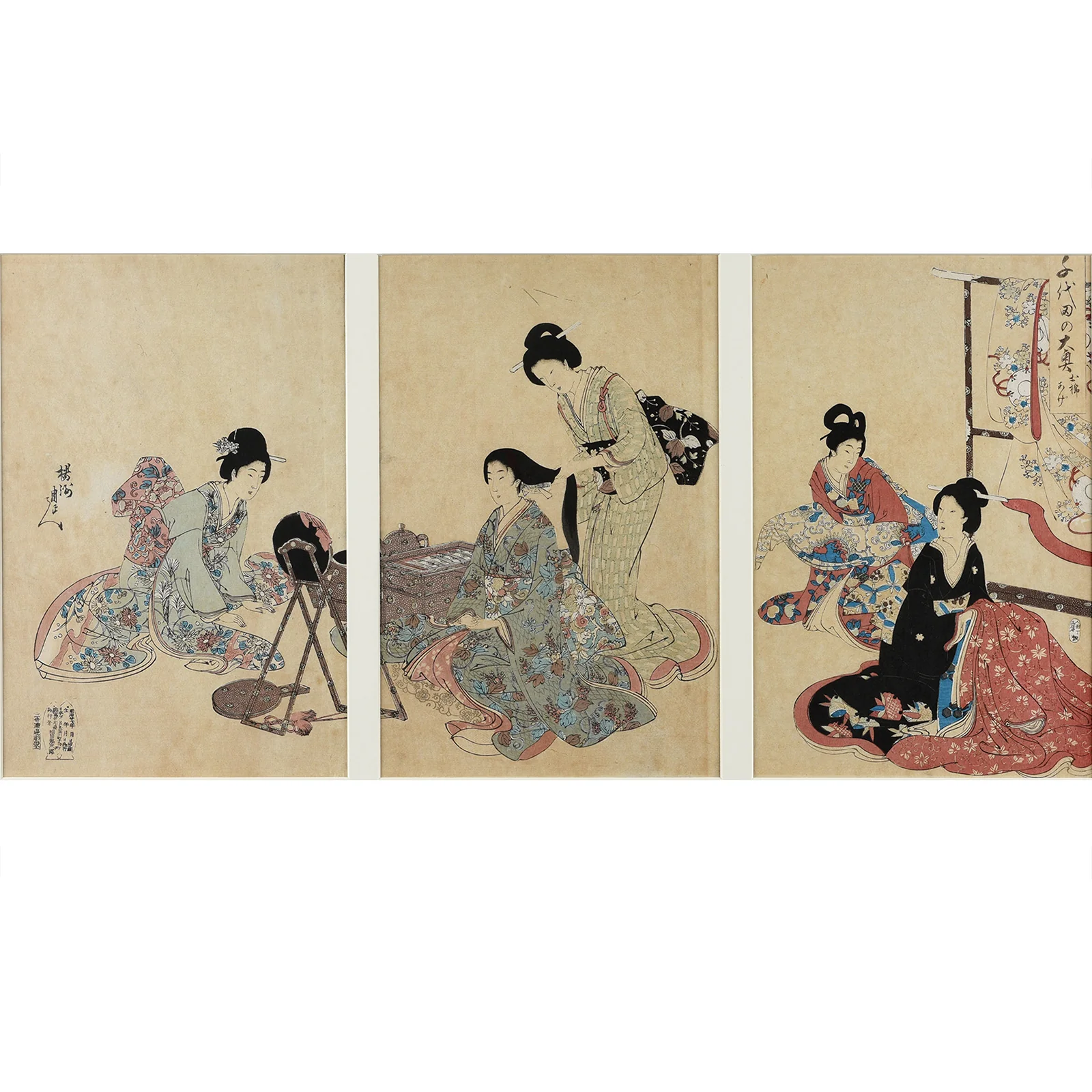 'Hair Styling' Woodblock Triptych By Chikanobu - Image 2