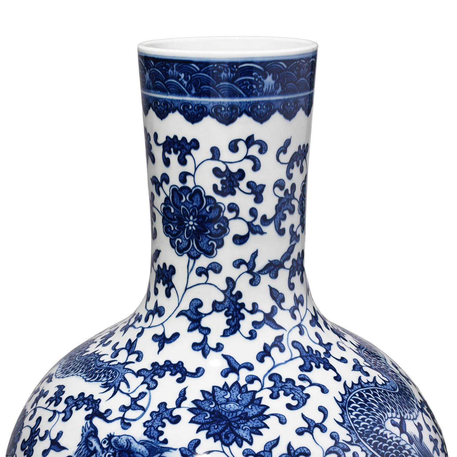 Large Blue & White Porcelain Tianqiuping Vase - Dragons - Image 4