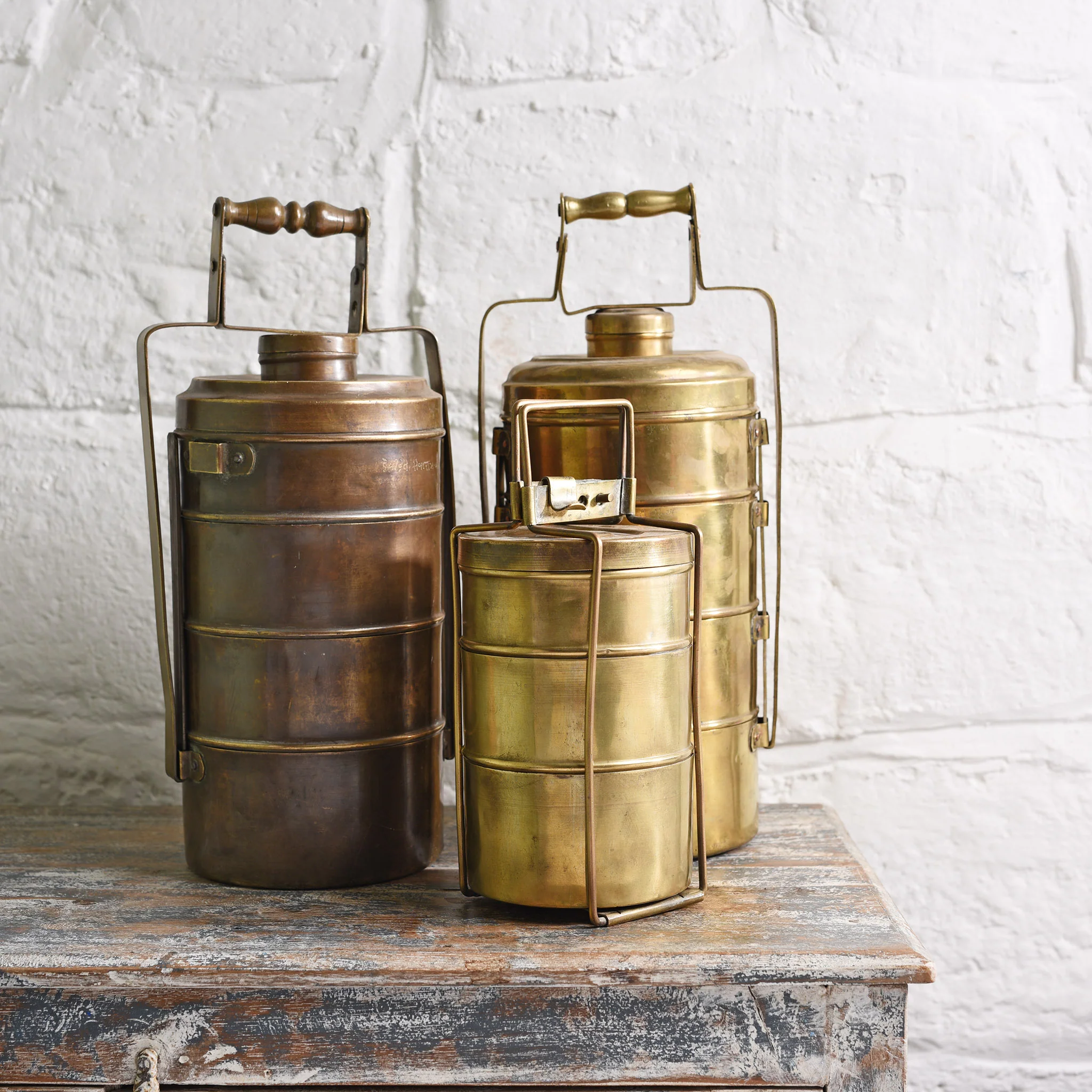 4 Tier Brass Tiffin Box With Spoon - Ca 1930 - Image 4