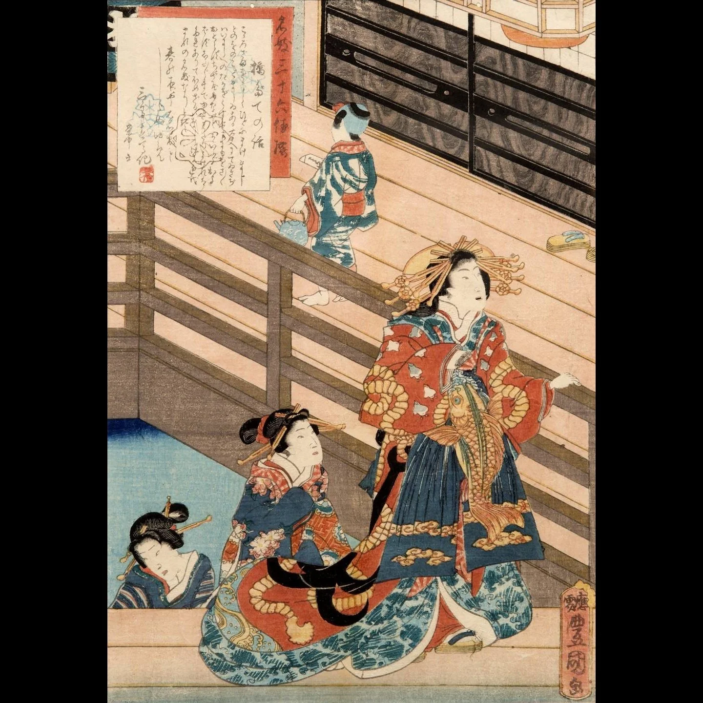 Old Woodblock Print of Courtesans by Kunisada - Edo Period, Ca 1861 - Image 3