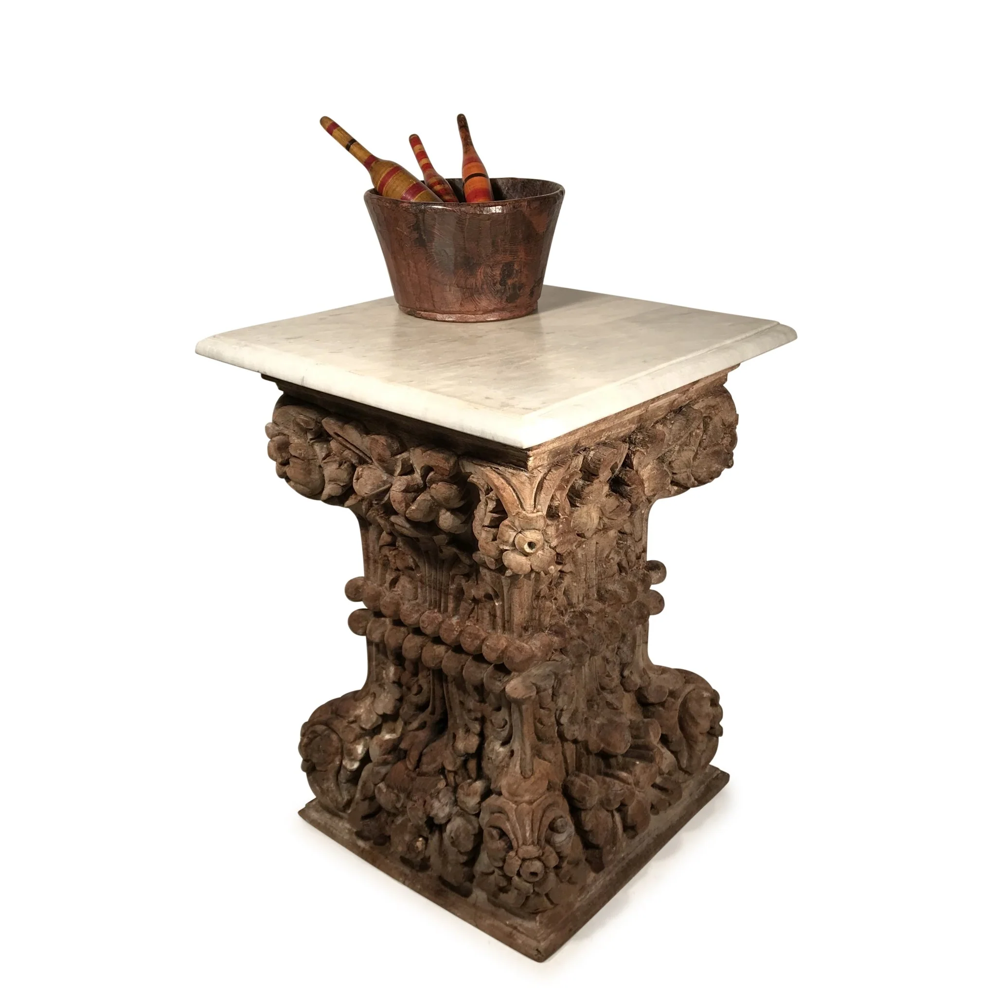 Marble Side Table Made From 19thC Carved Teak Capitols - Image 2
